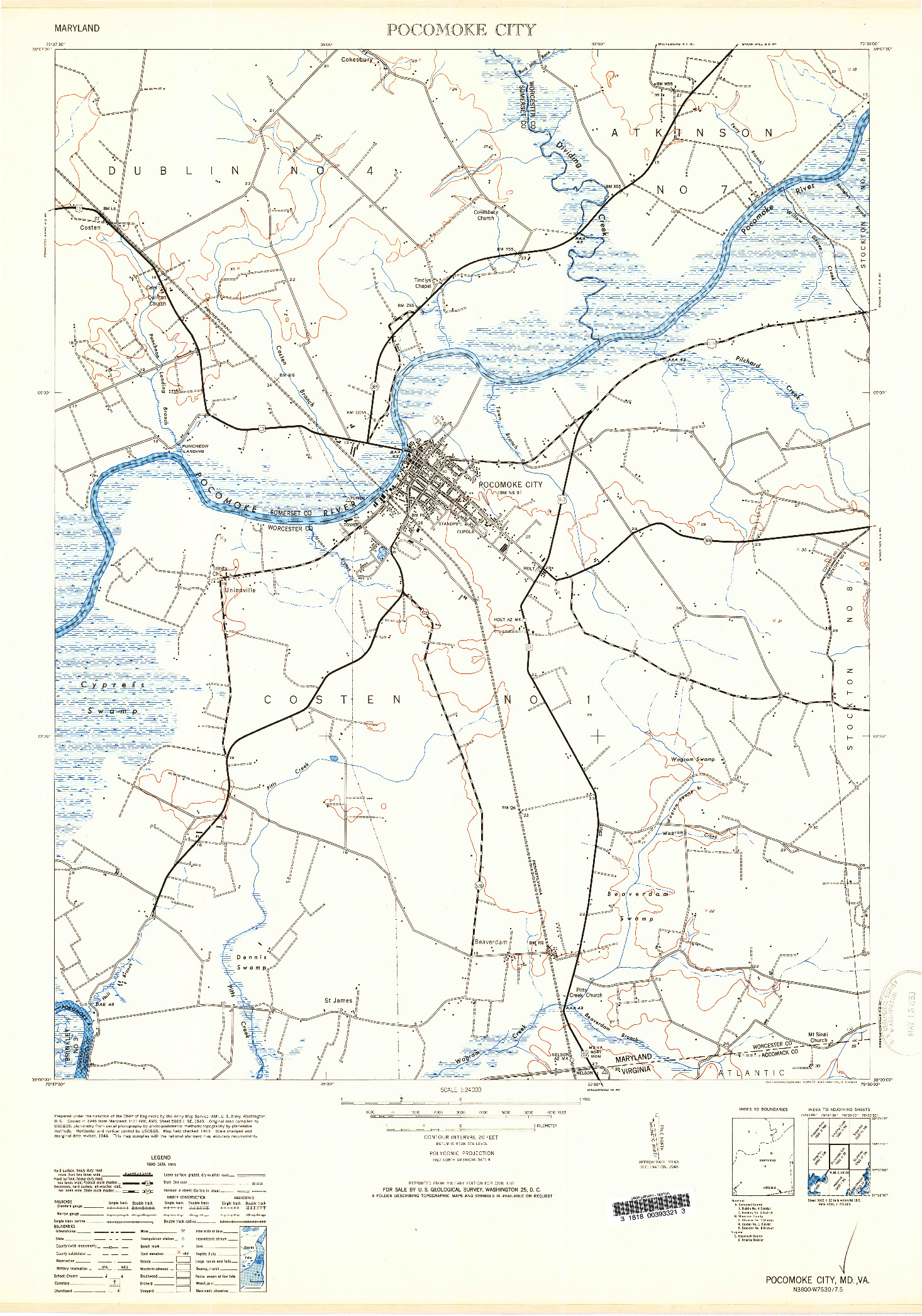 USGS 1:24000-SCALE QUADRANGLE FOR POCOMOKE CITY, MD 1953