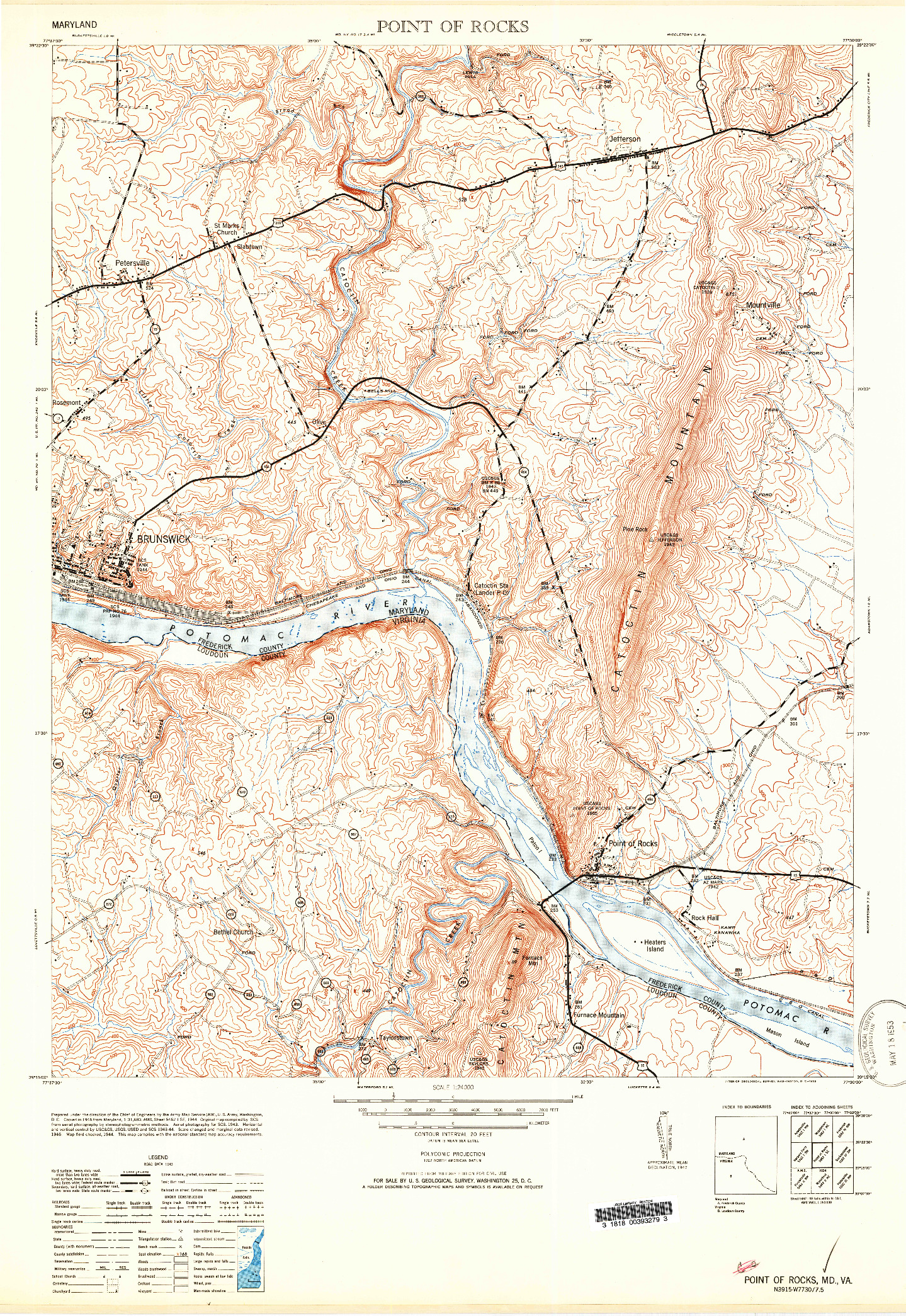 USGS 1:24000-SCALE QUADRANGLE FOR POINT OF ROCKS, MD 1953