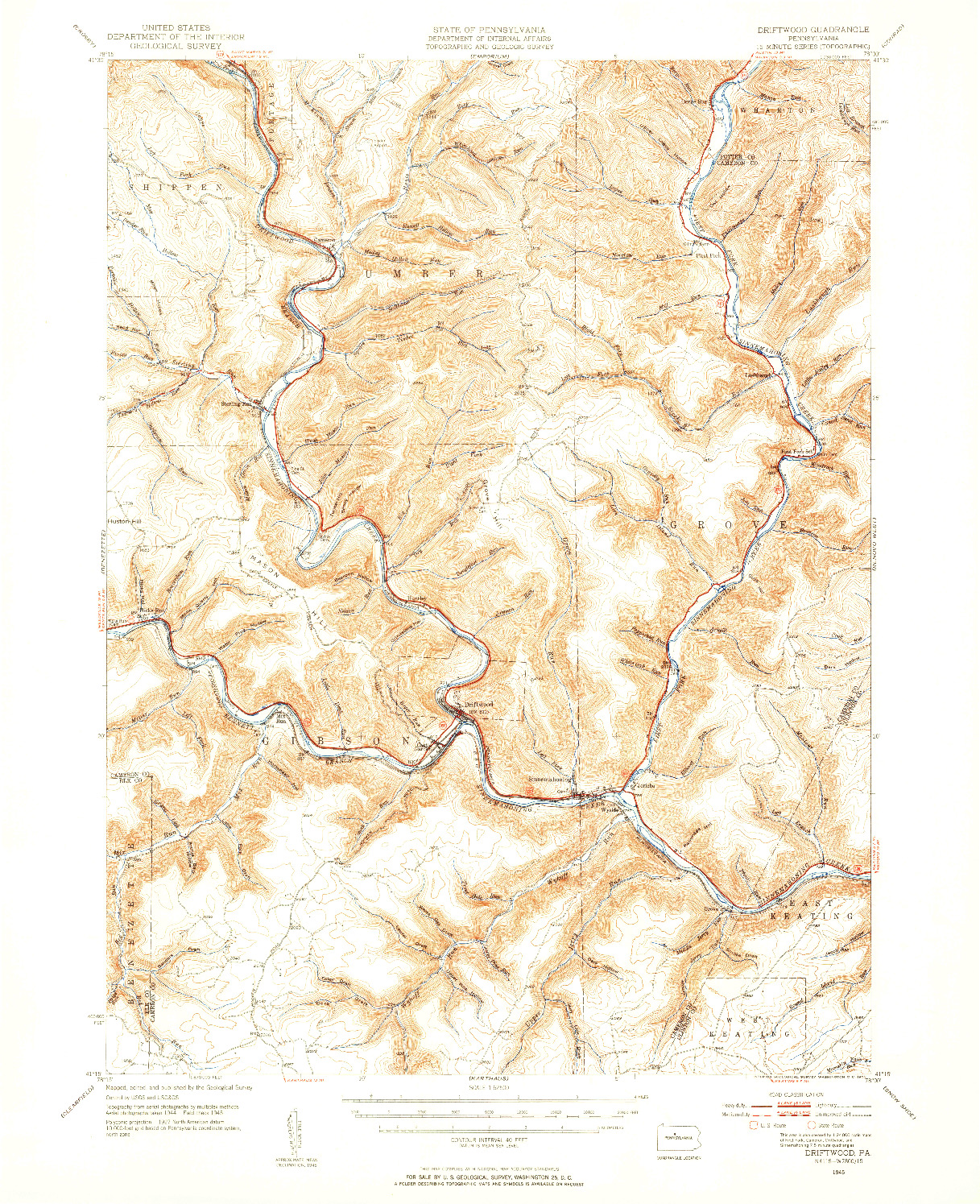 USGS 1:62500-SCALE QUADRANGLE FOR DRIFTWOOD, PA 1945