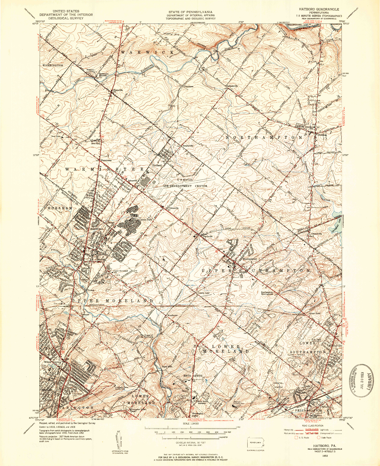USGS 1:24000-SCALE QUADRANGLE FOR HATBORO, PA 1952