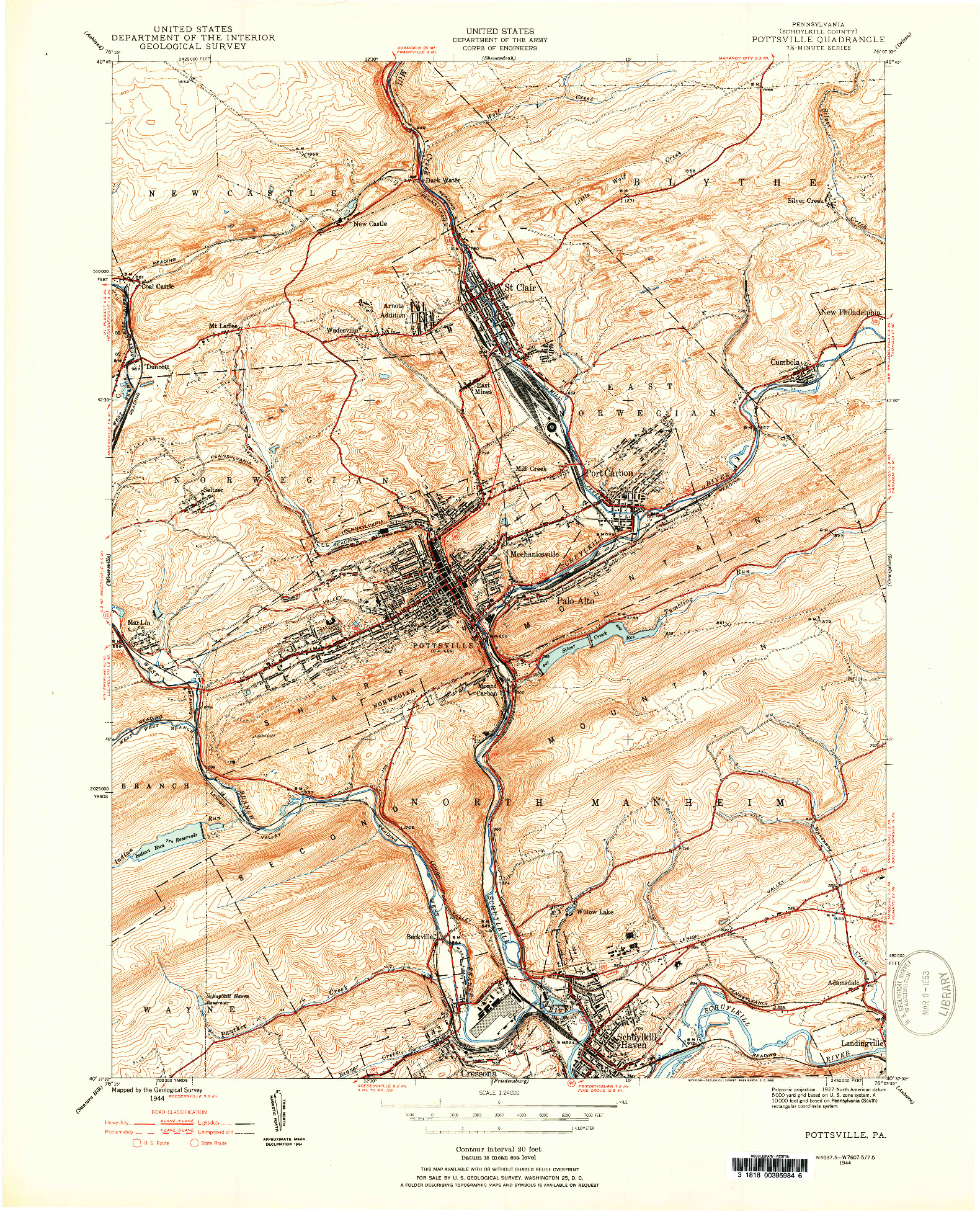 USGS 1:24000-SCALE QUADRANGLE FOR POTTSVILLE, PA 1944