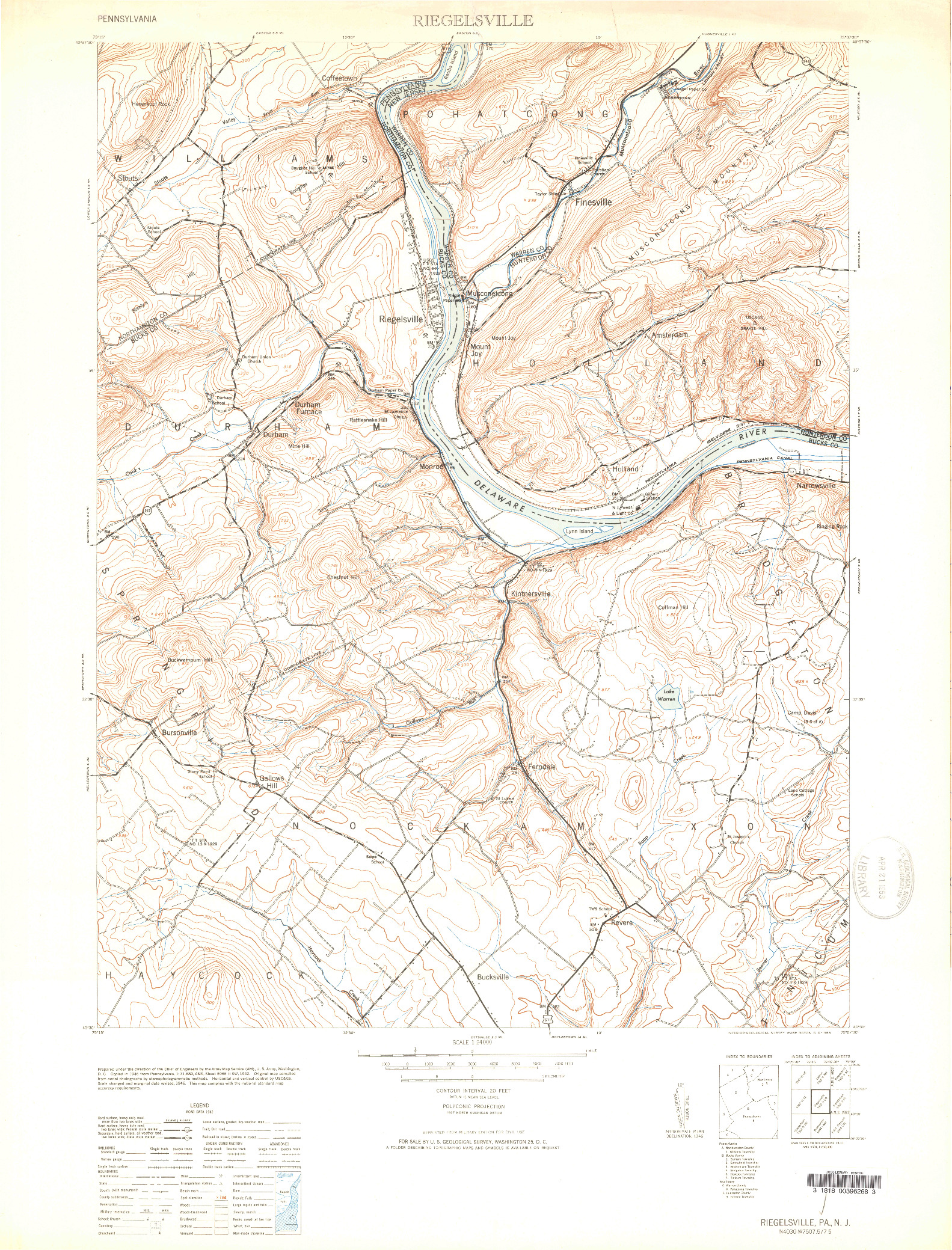 USGS 1:24000-SCALE QUADRANGLE FOR RIEGELSVILLE, PA 1953