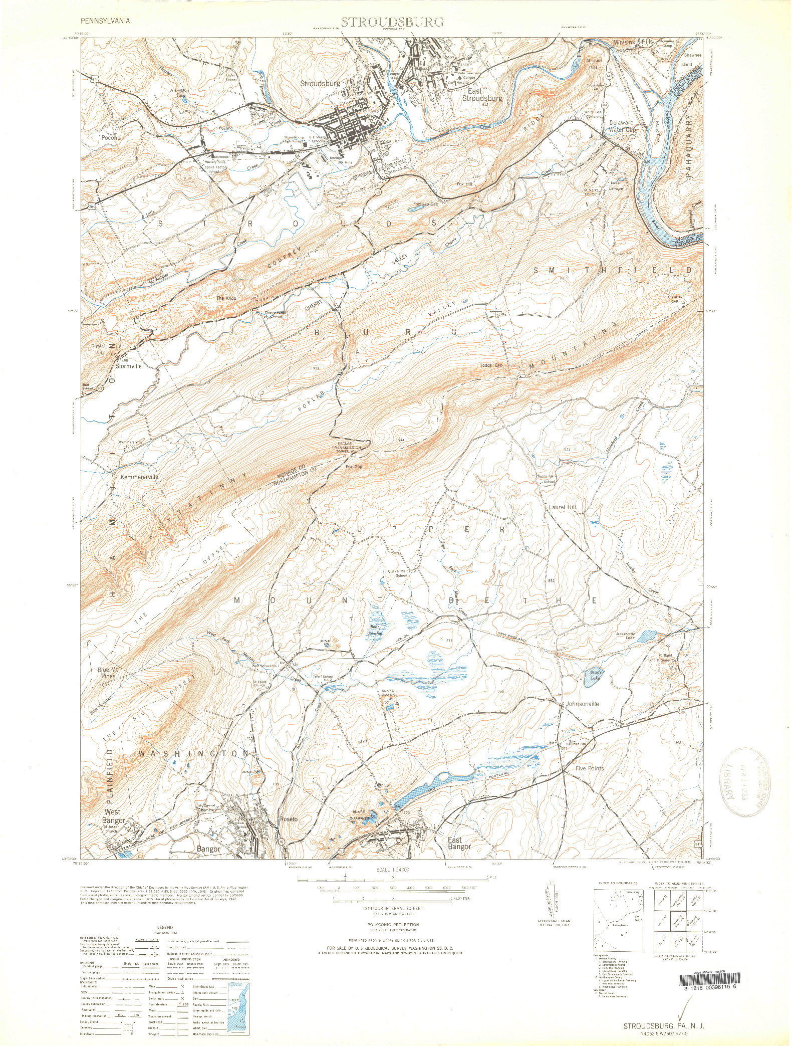 USGS 1:24000-SCALE QUADRANGLE FOR STROUDSBURG, PA 1953
