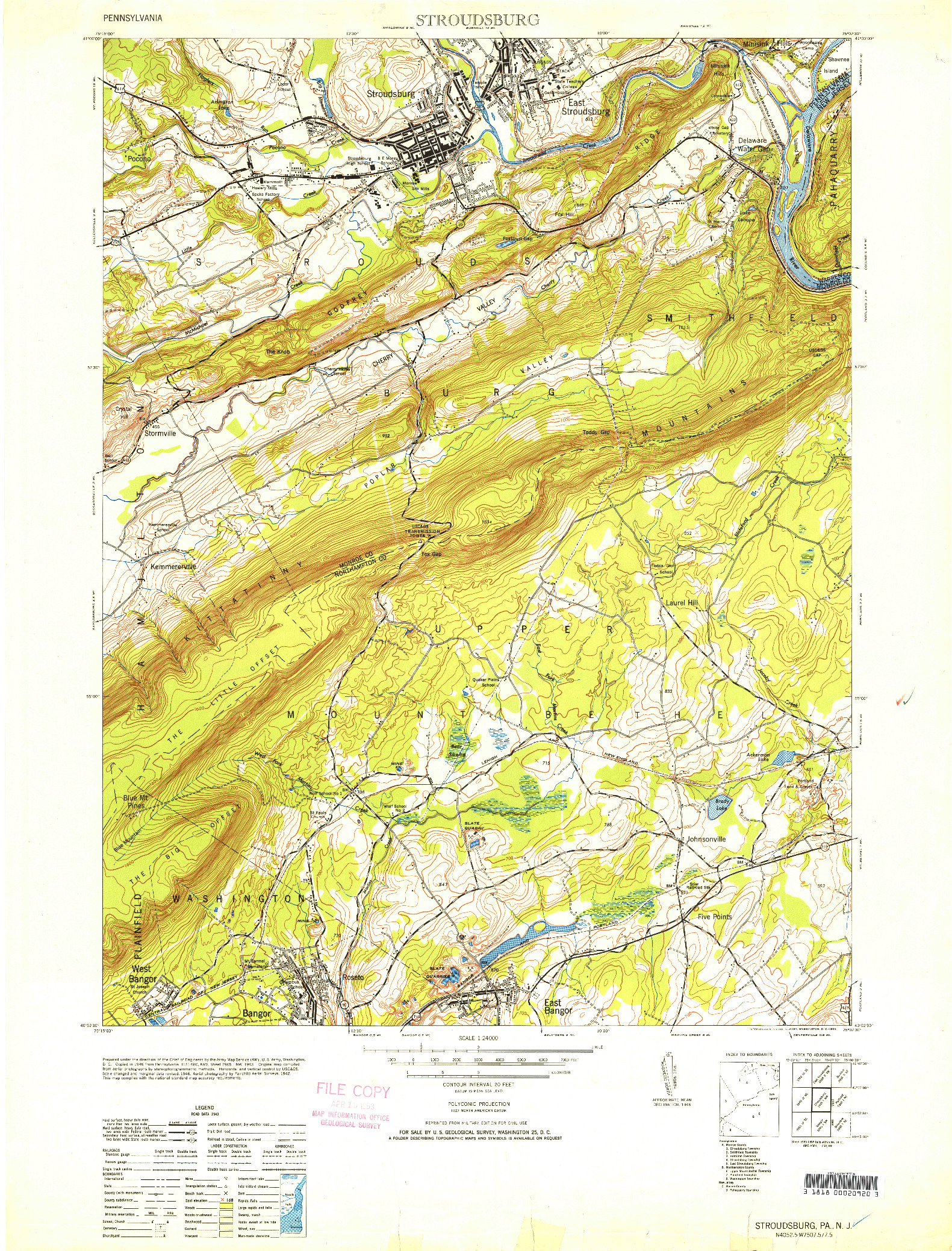 USGS 1:24000-SCALE QUADRANGLE FOR STROUDSBURG, PA 1953