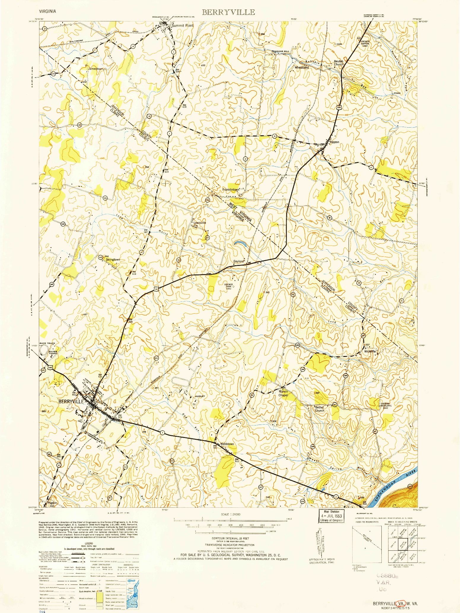 USGS 1:24000-SCALE QUADRANGLE FOR BERRYVILLE, VA 1953