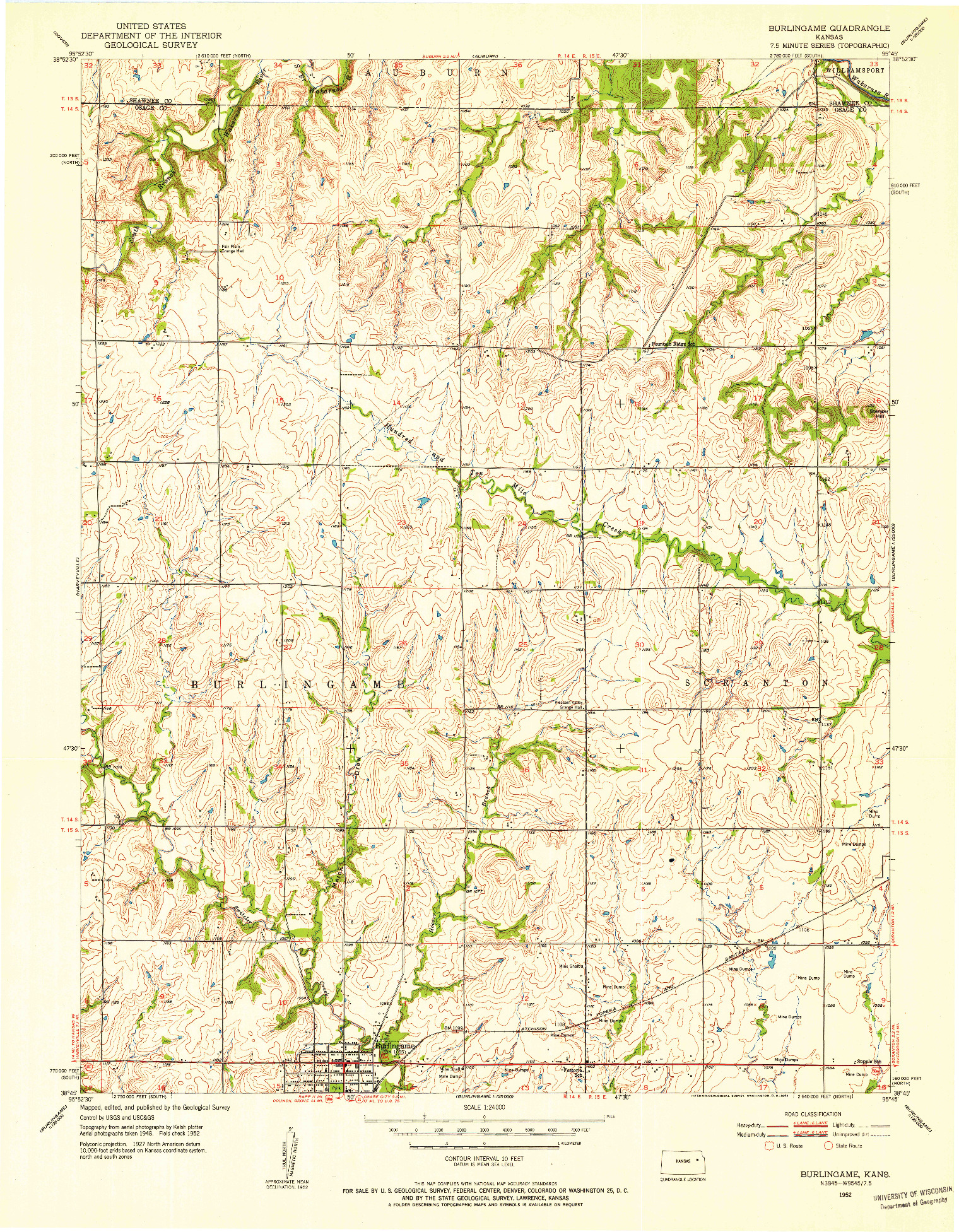 USGS 1:24000-SCALE QUADRANGLE FOR BURLINGAME, KS 1952