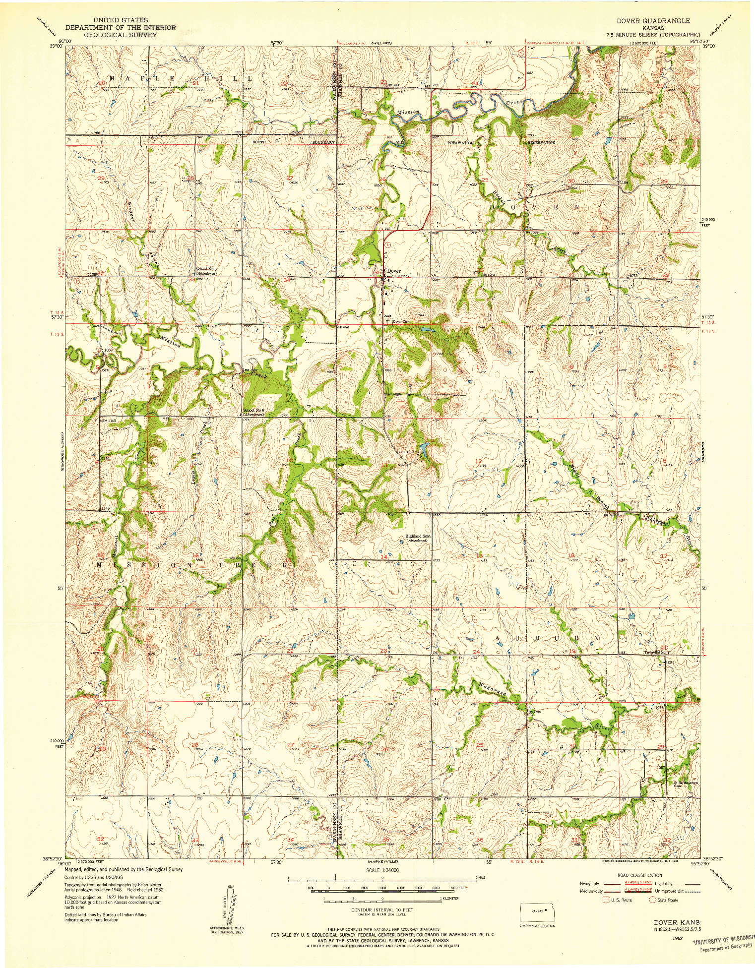USGS 1:24000-SCALE QUADRANGLE FOR DOVER, KS 1952