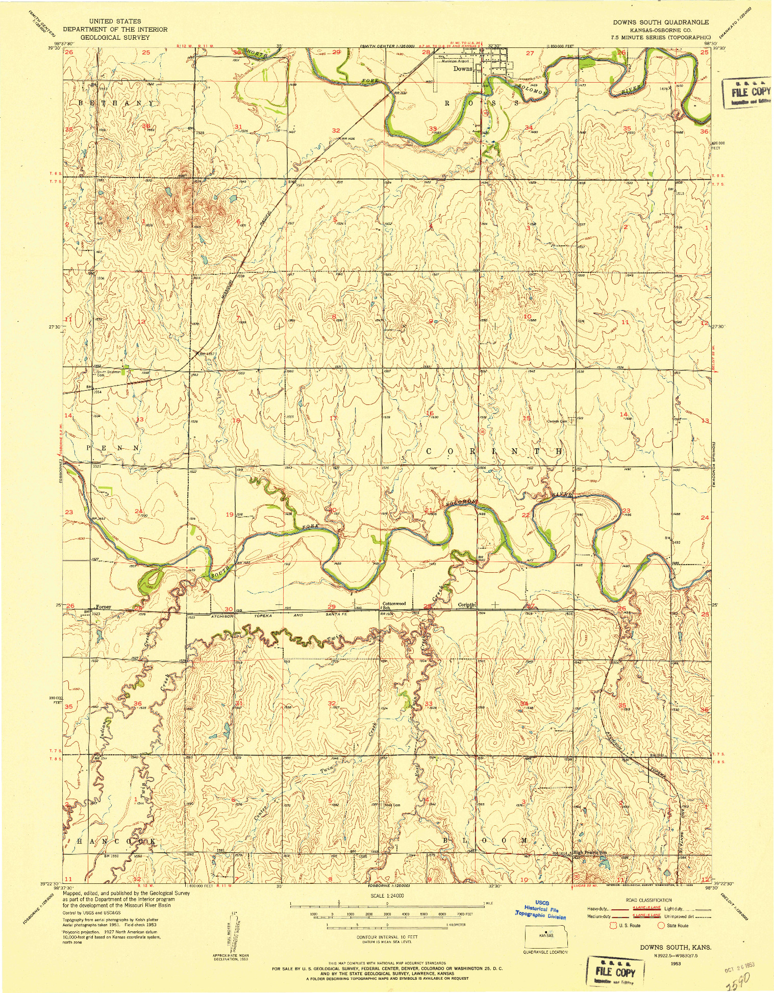 USGS 1:24000-SCALE QUADRANGLE FOR DOWNS SOUTH, KS 1953