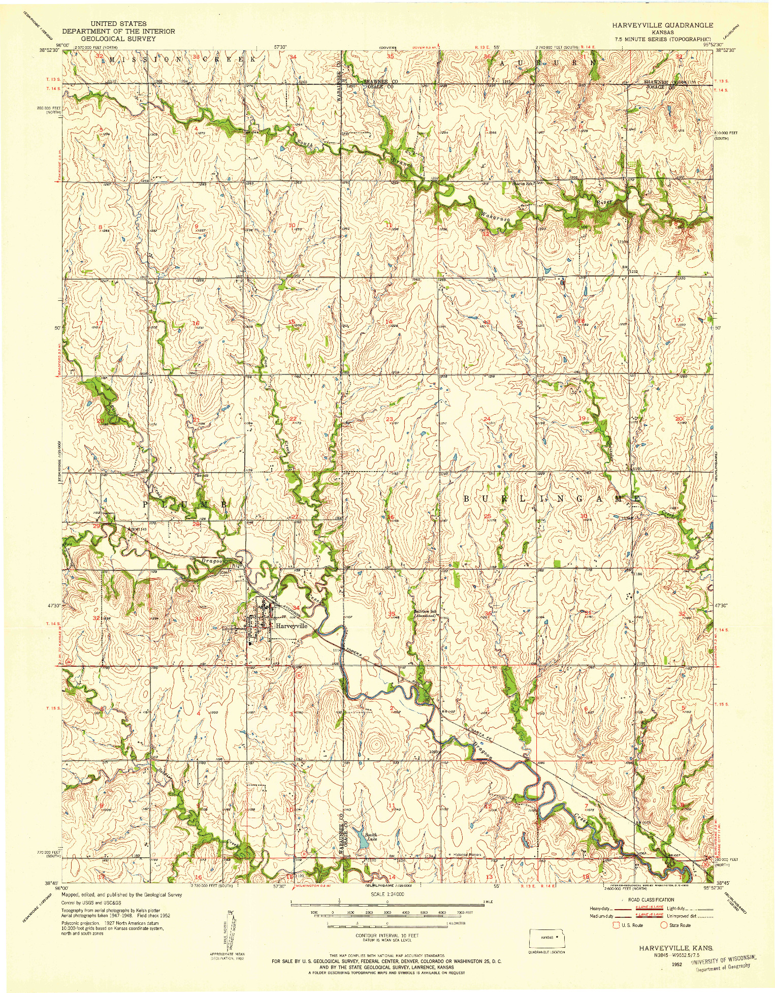 USGS 1:24000-SCALE QUADRANGLE FOR HARVEYVILLE, KS 1952