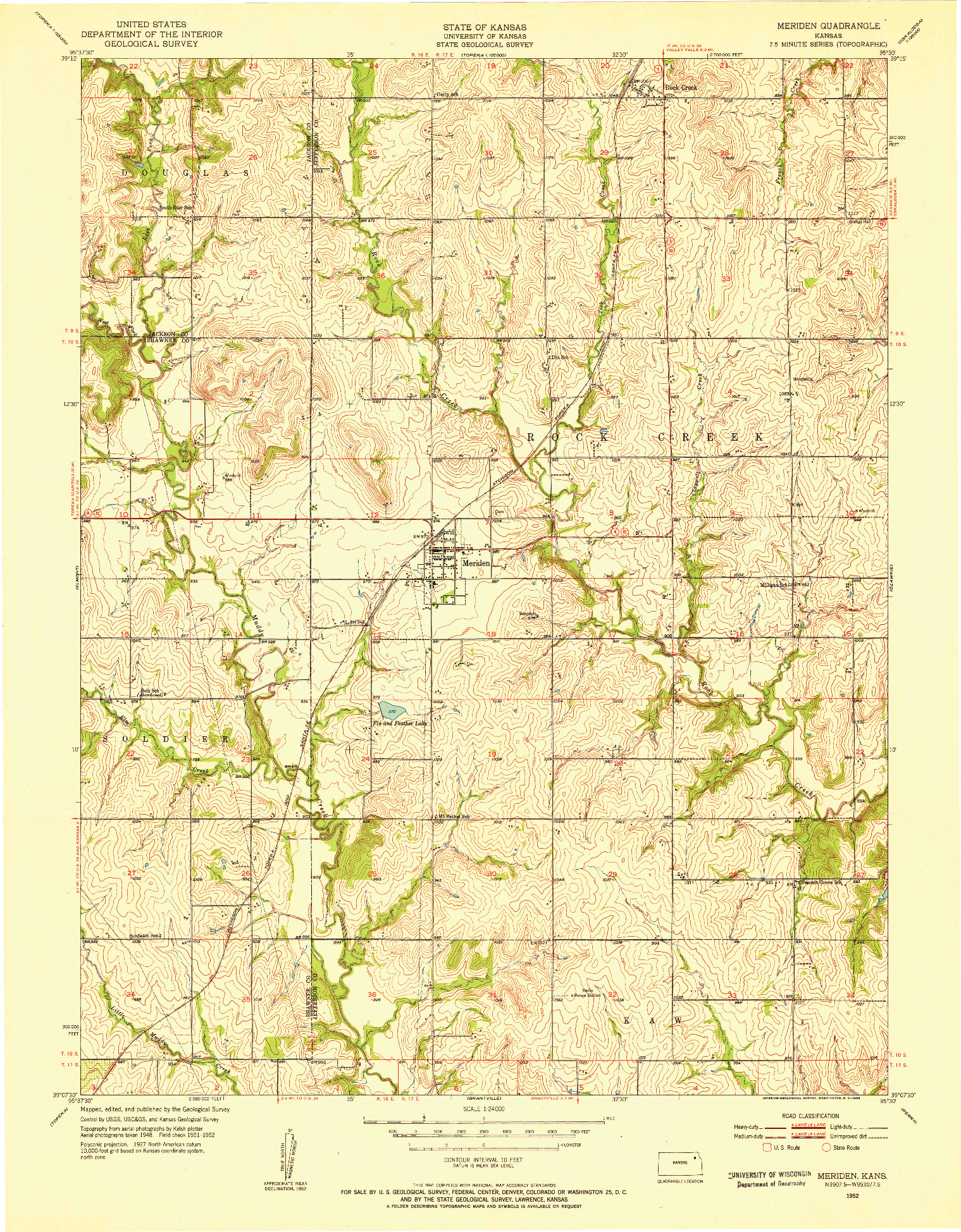 USGS 1:24000-SCALE QUADRANGLE FOR MERIDEN, KS 1952