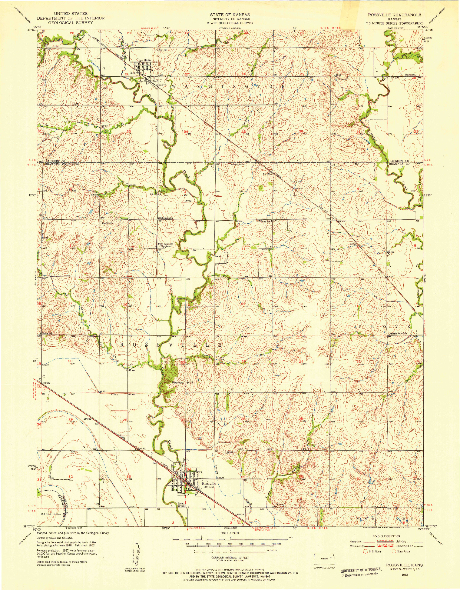 USGS 1:24000-SCALE QUADRANGLE FOR ROSSVILLE, KS 1952