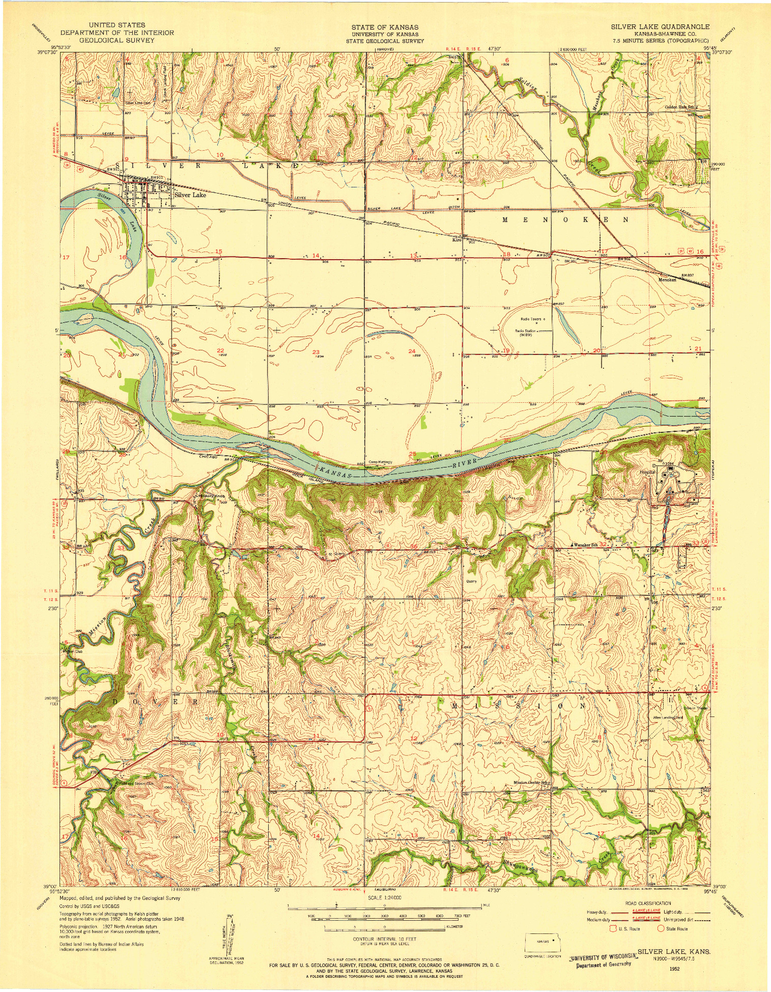 USGS 1:24000-SCALE QUADRANGLE FOR SILVER LAKE, KS 1952