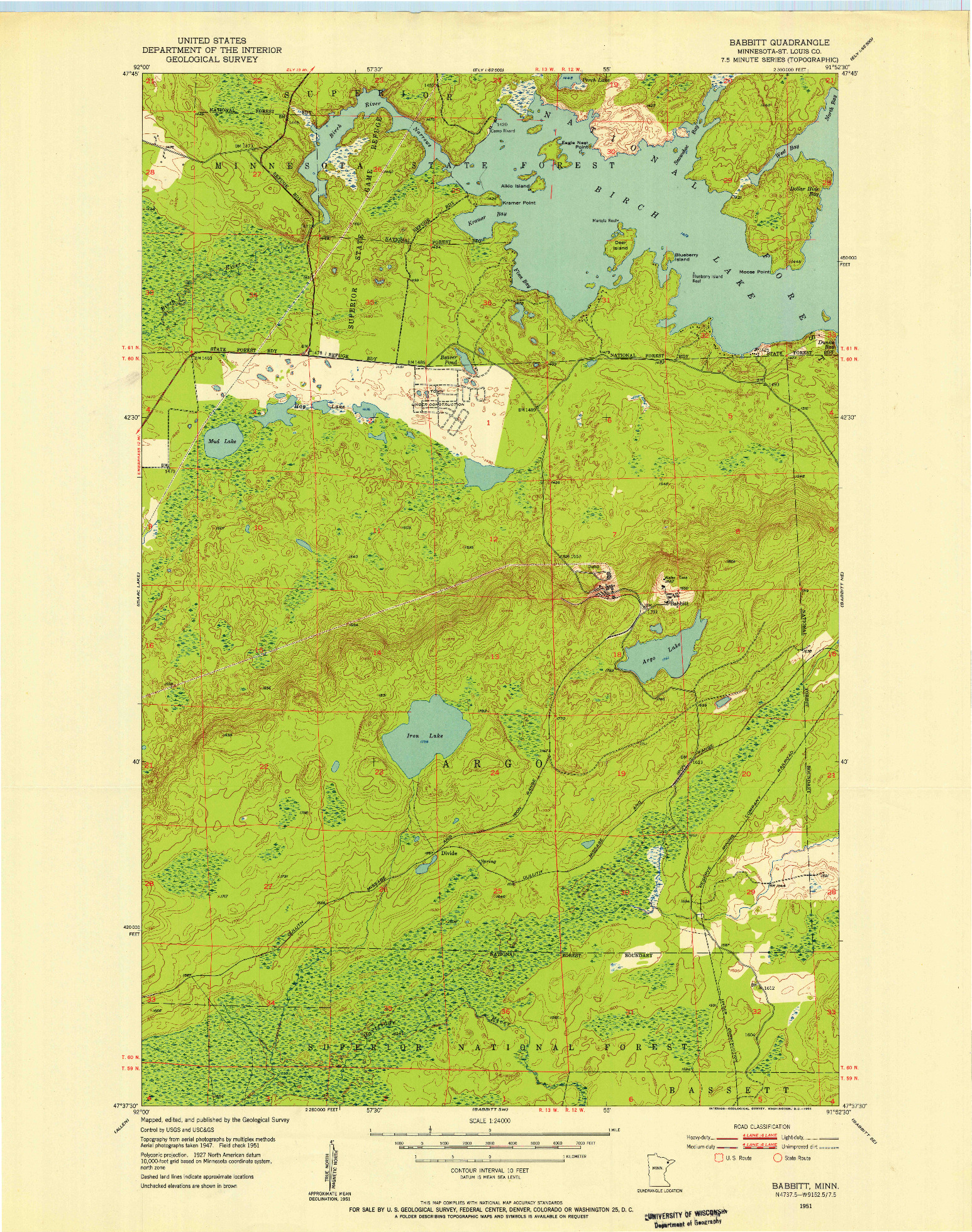 USGS 1:24000-SCALE QUADRANGLE FOR BABBITT, MN 1951