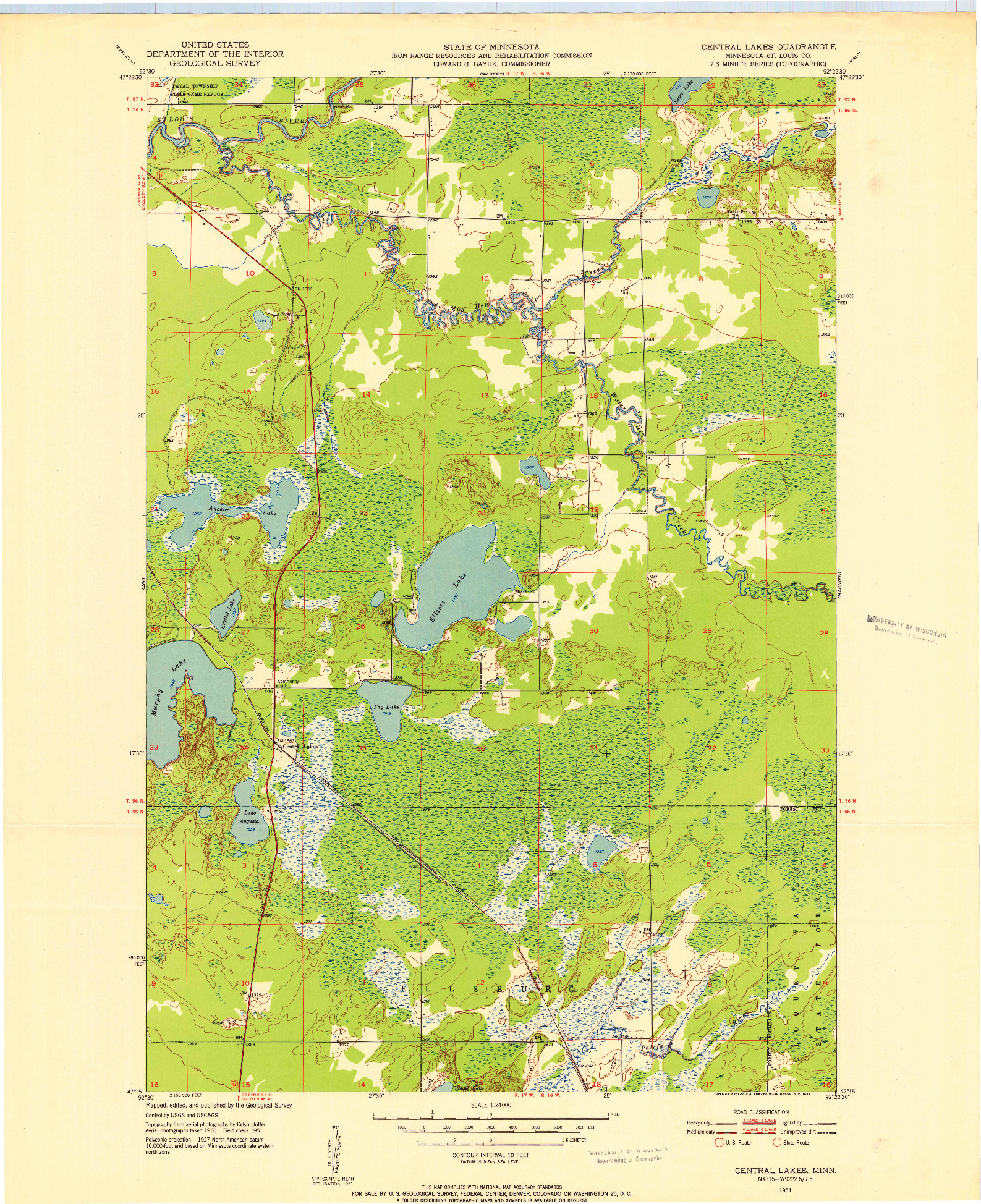 USGS 1:24000-SCALE QUADRANGLE FOR CENTRAL LAKES, MN 1951