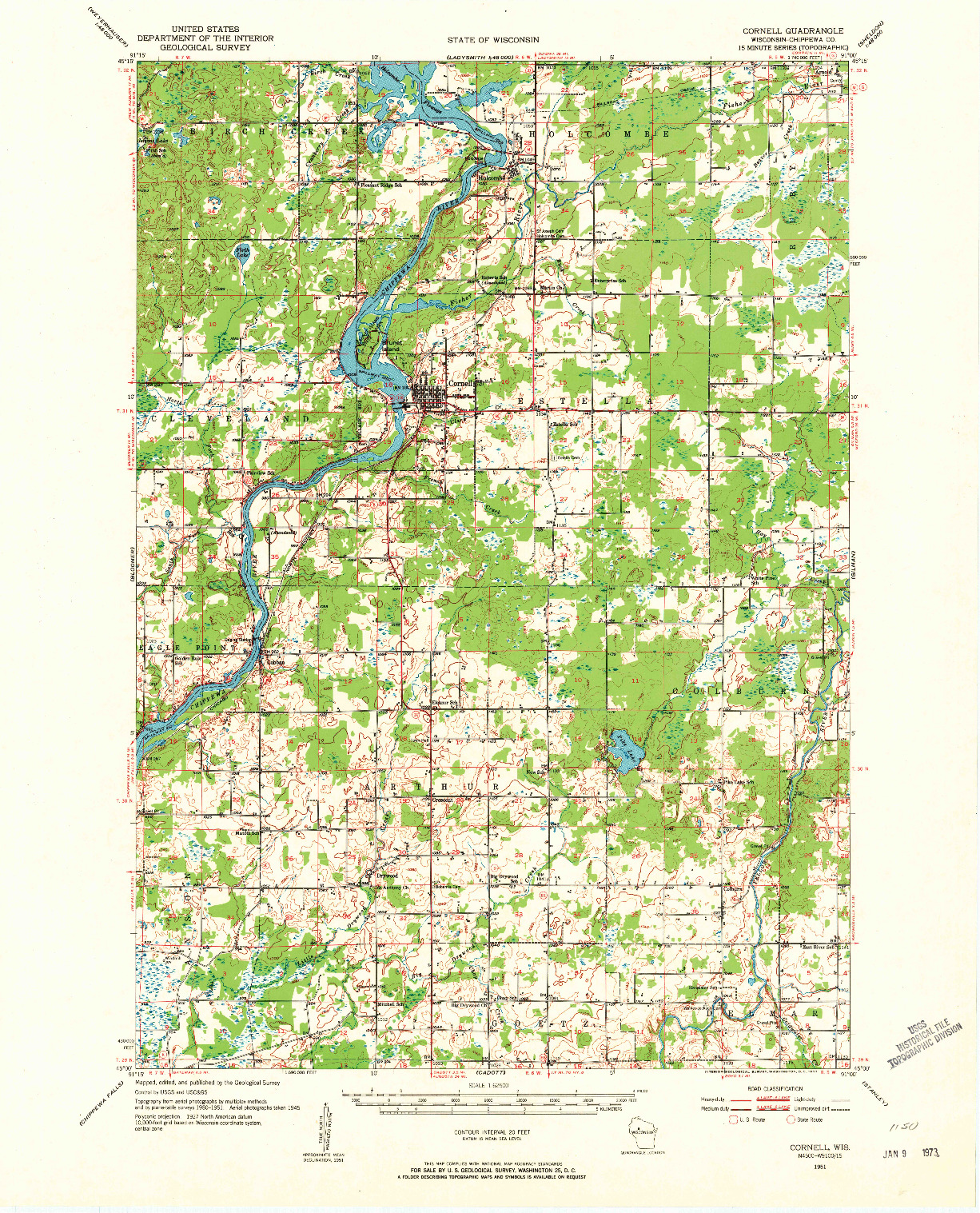 USGS 1:62500-SCALE QUADRANGLE FOR CORNELL, WI 1951