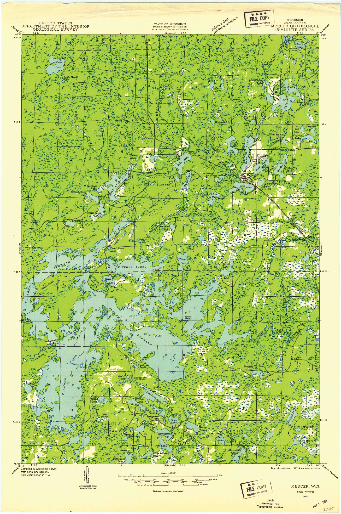 USGS 1:48000-SCALE QUADRANGLE FOR MERCER, WI 1940