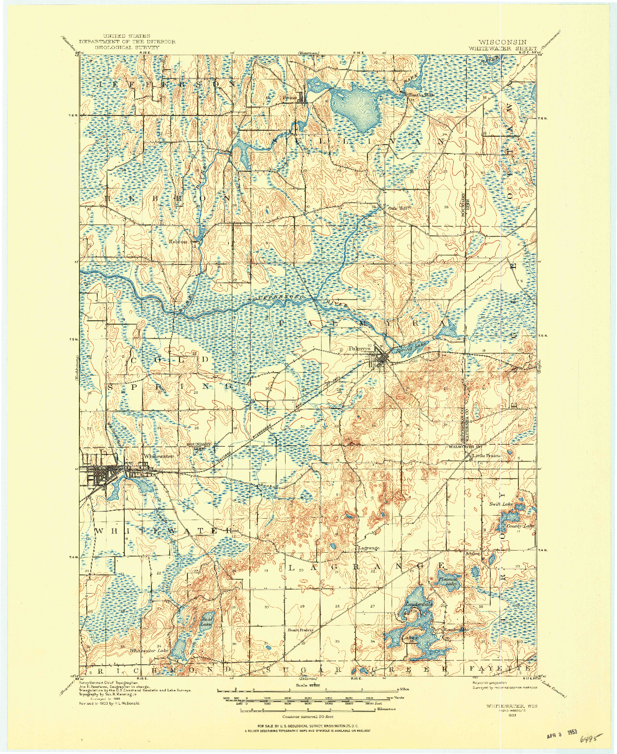 USGS 1:62500-SCALE QUADRANGLE FOR WHITEWATER, WI 1903