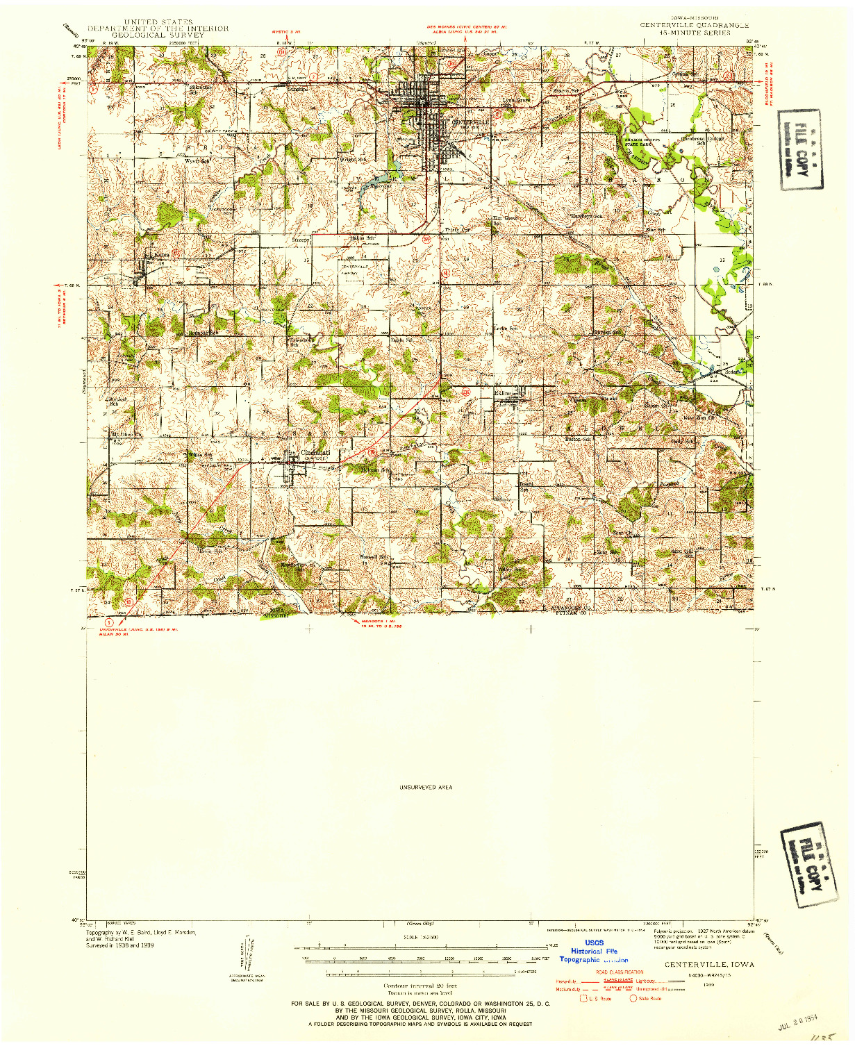 USGS 1:62500-SCALE QUADRANGLE FOR CENTERVILLE, IA 1939