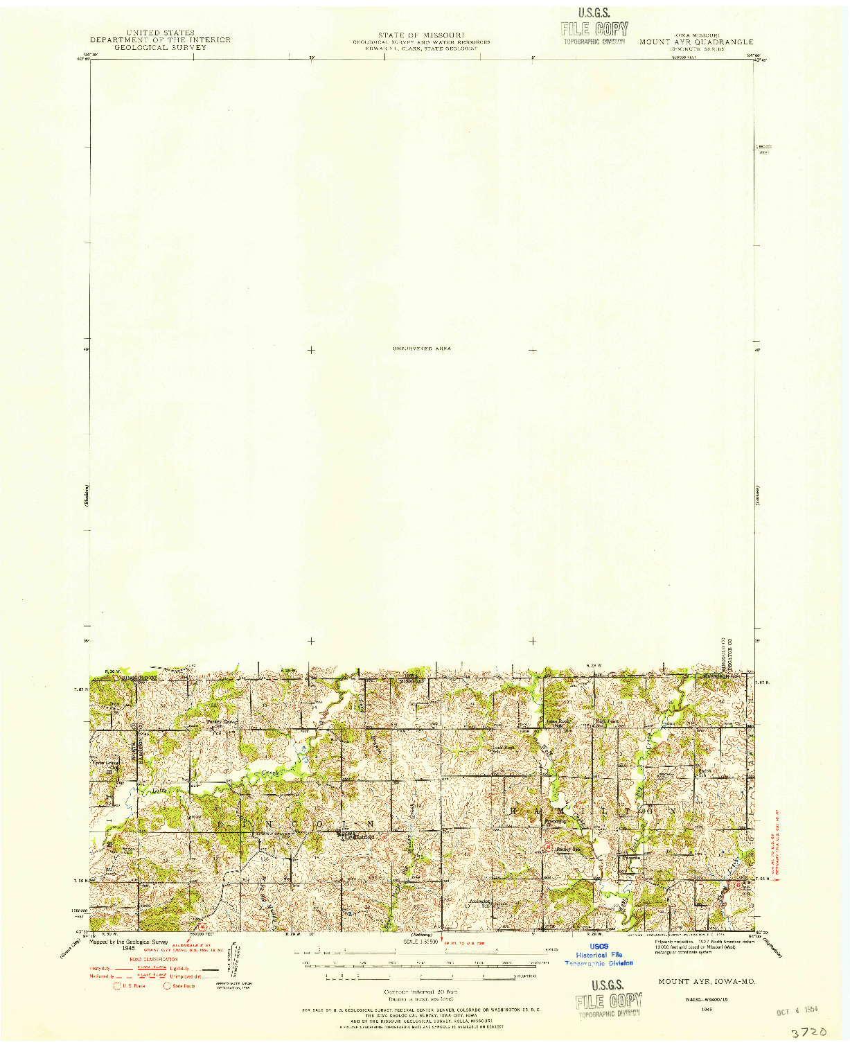 USGS 1:62500-SCALE QUADRANGLE FOR MOUNT AYR, IA 1945