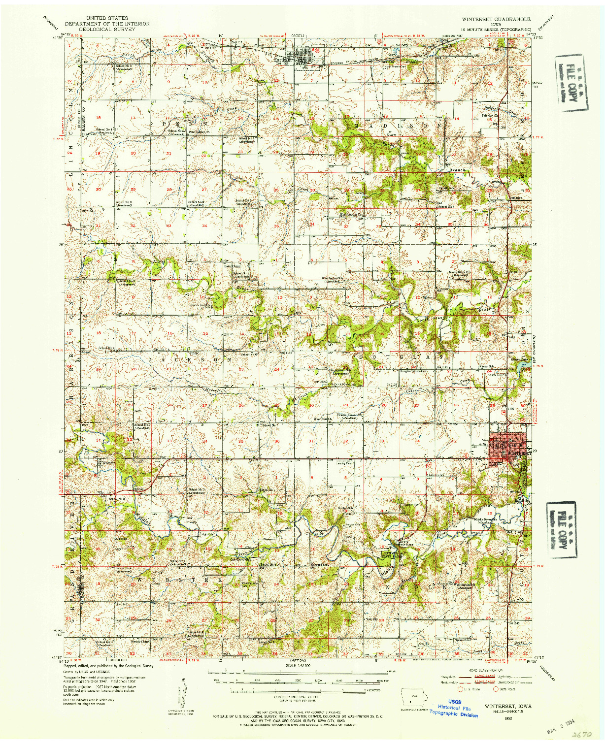 USGS 1:62500-SCALE QUADRANGLE FOR WINTERSET, IA 1952
