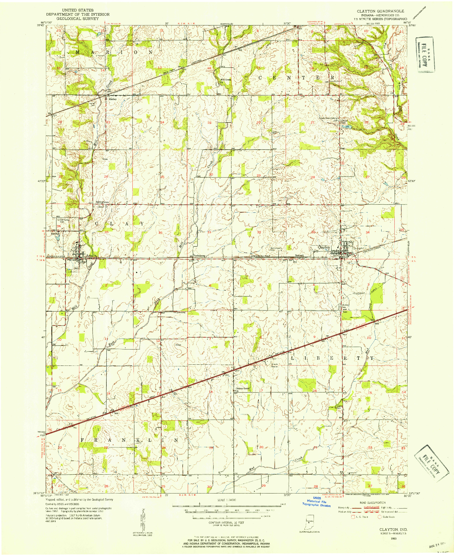 USGS 1:24000-SCALE QUADRANGLE FOR CLAYTON, IN 1953