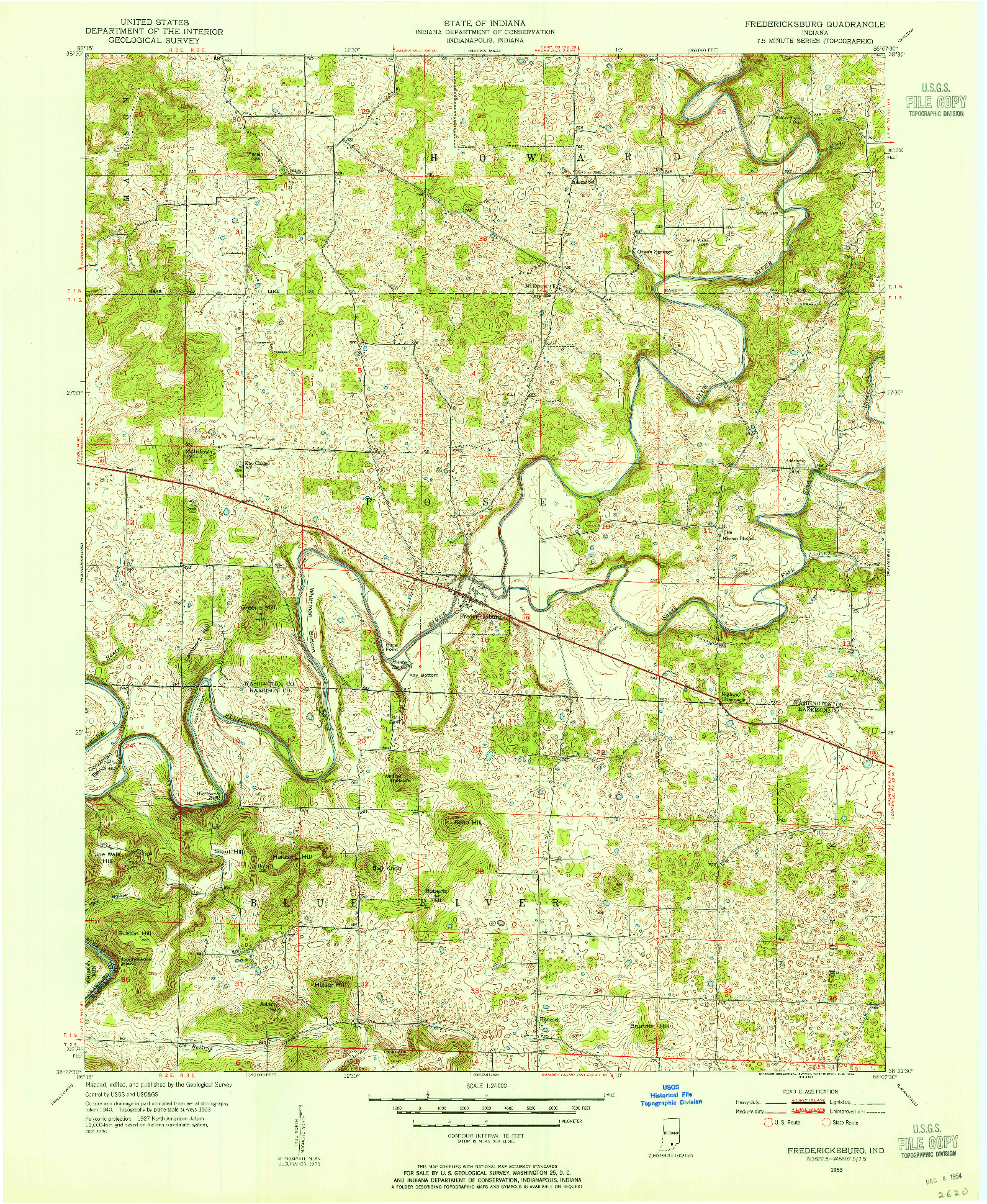 USGS 1:24000-SCALE QUADRANGLE FOR FREDERICKSBURG, IN 1953