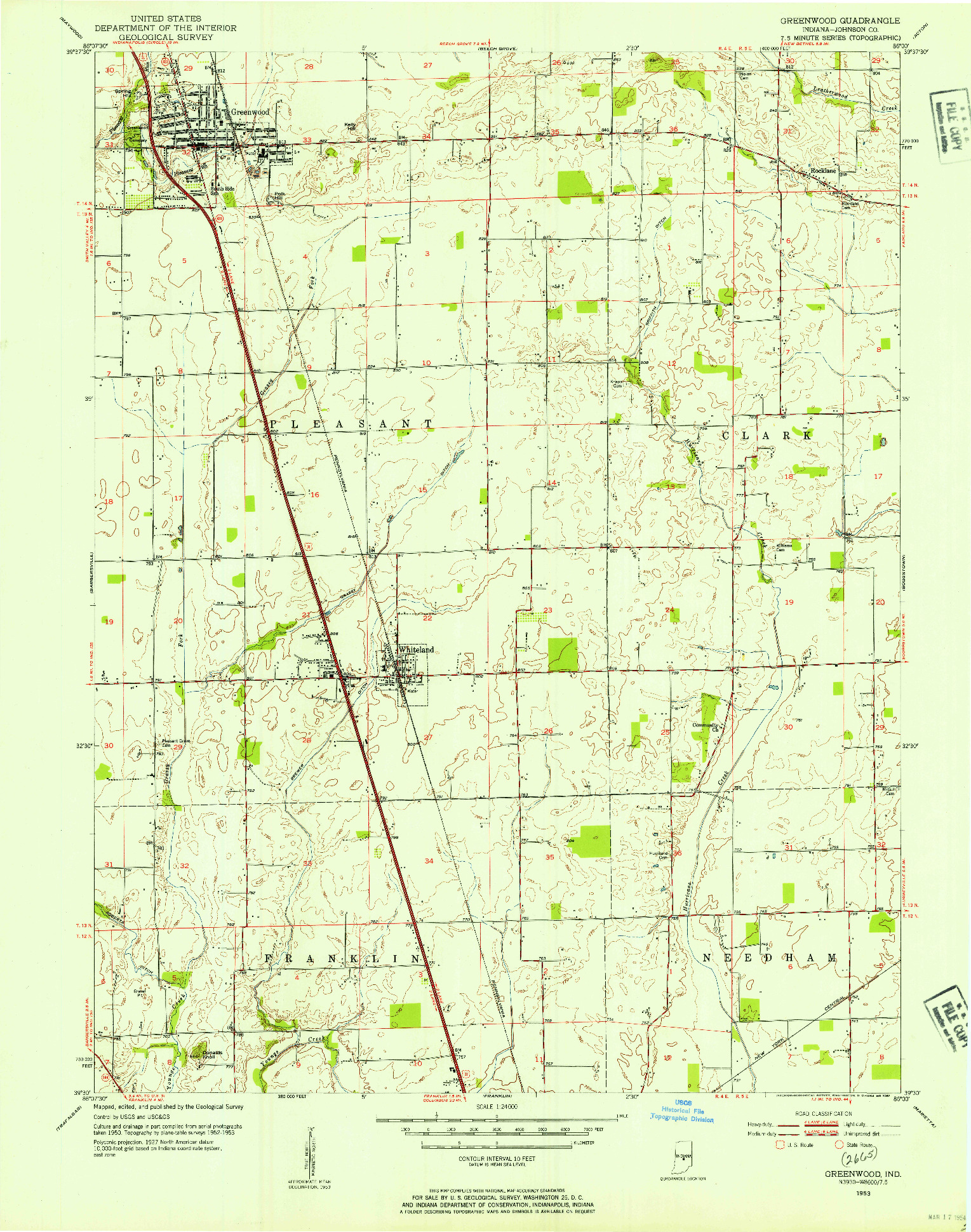 USGS 1:24000-SCALE QUADRANGLE FOR GREENWOOD, IN 1953
