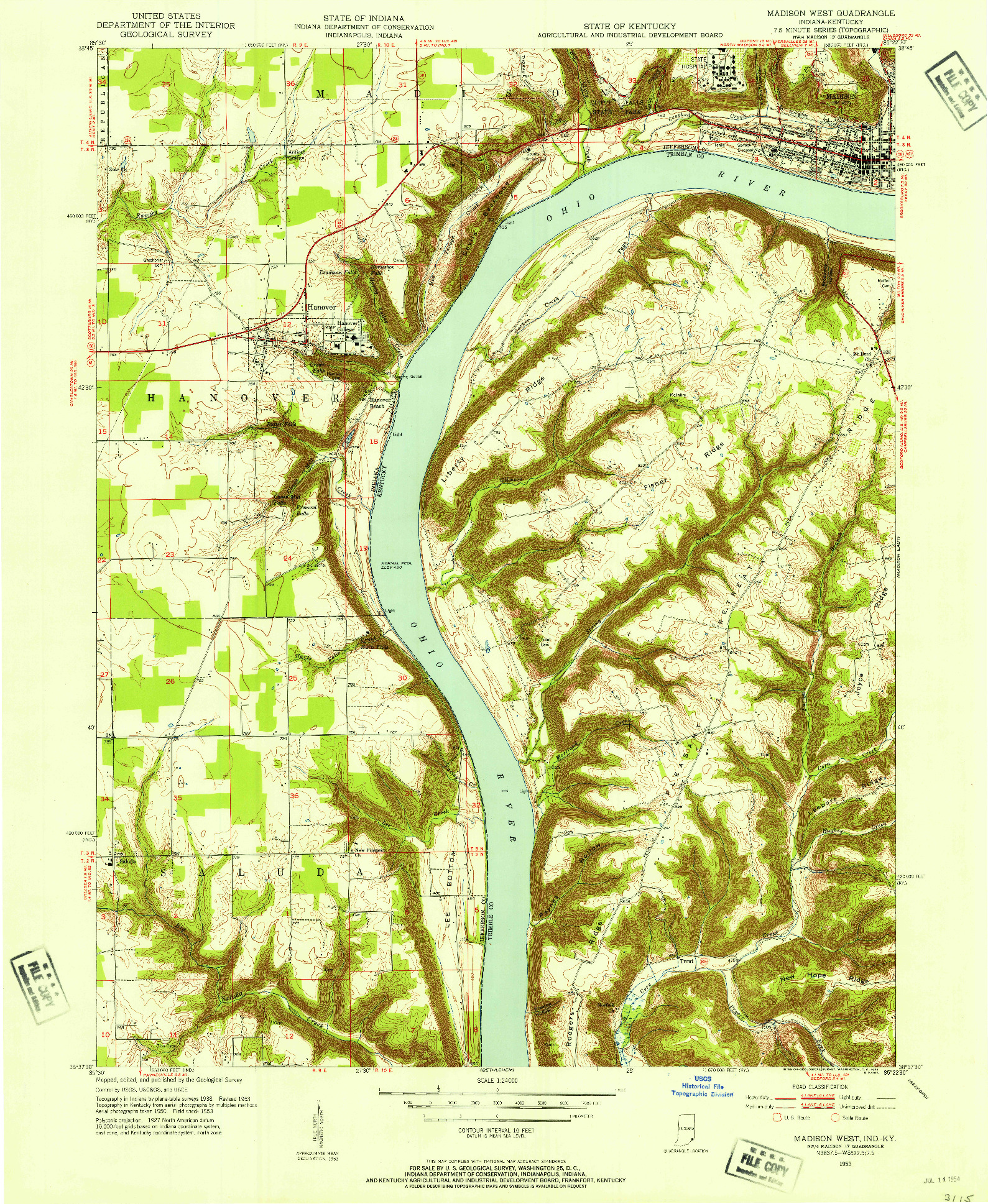 USGS 1:24000-SCALE QUADRANGLE FOR MADISON WEST, IN 1953