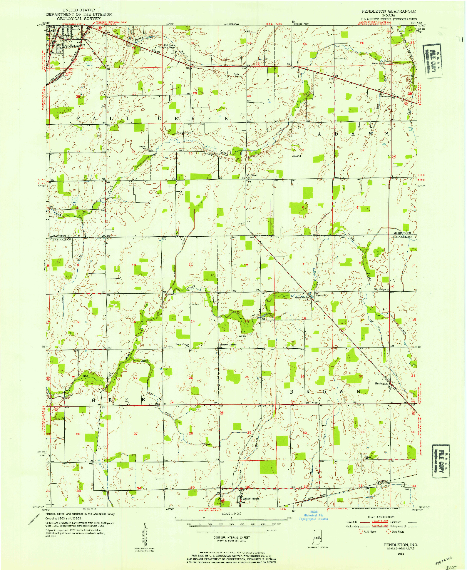 USGS 1:24000-SCALE QUADRANGLE FOR PENDLETON, IN 1953
