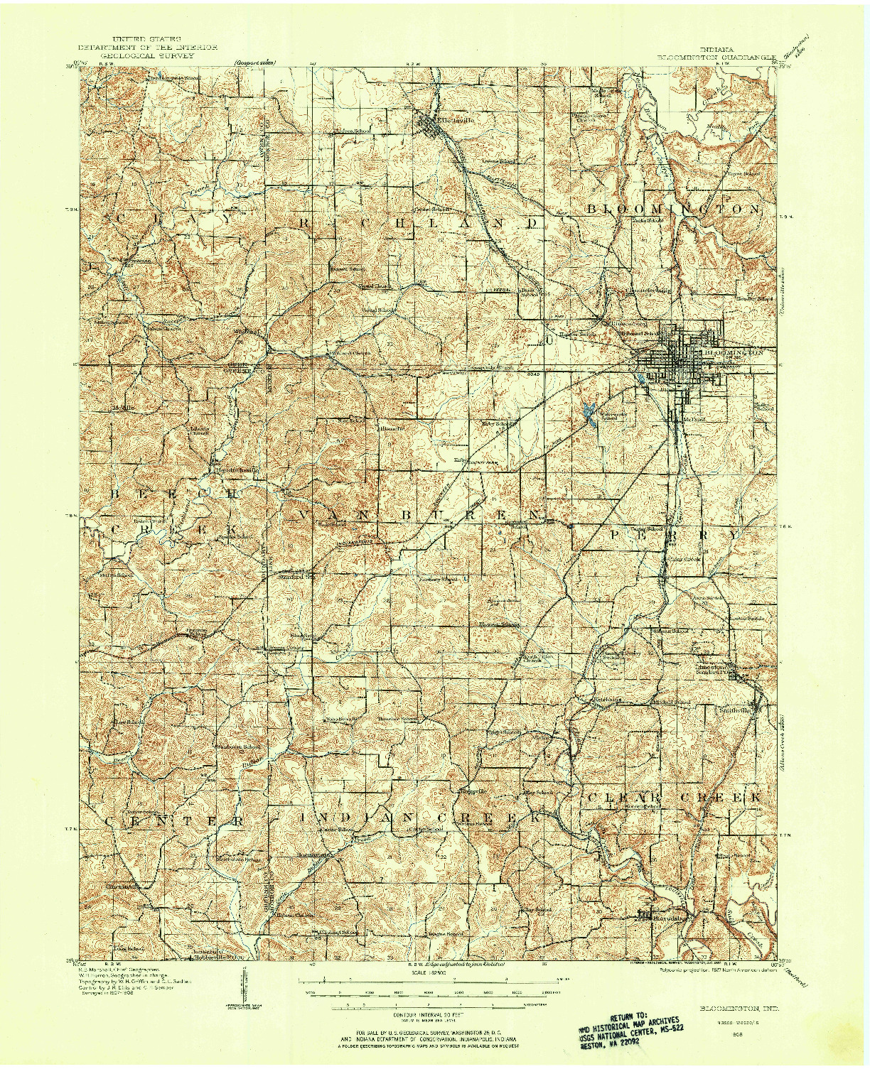 USGS 1:62500-SCALE QUADRANGLE FOR BLOOMINGTON, IN 1908