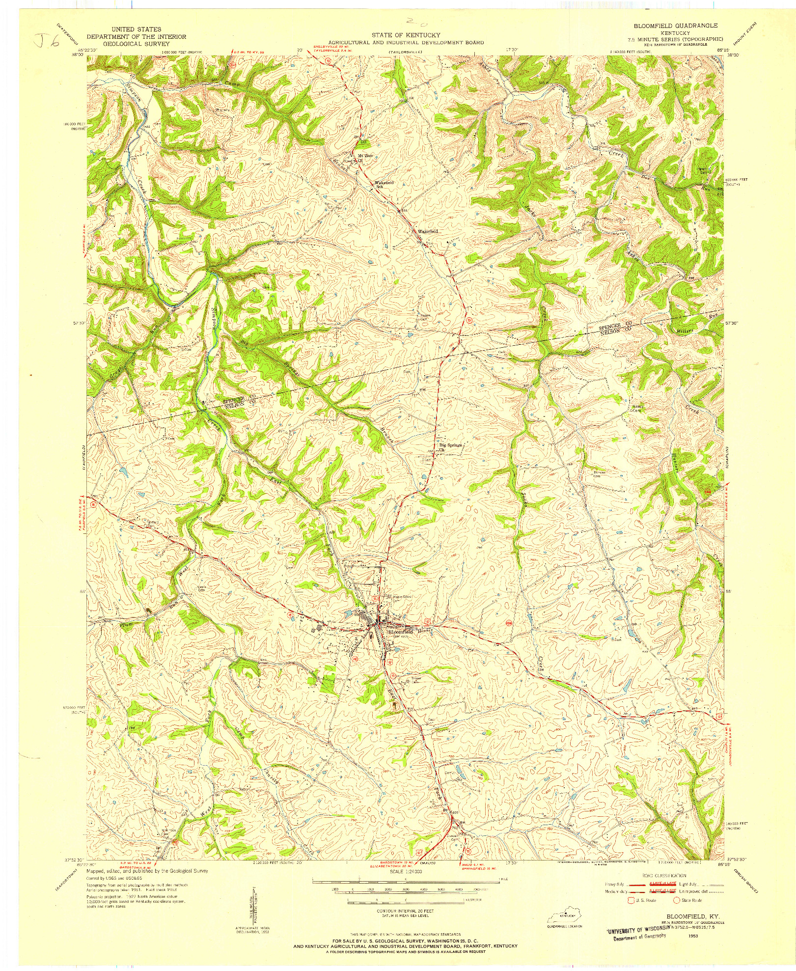 USGS 1:24000-SCALE QUADRANGLE FOR BLOOMFIELD, KY 1953