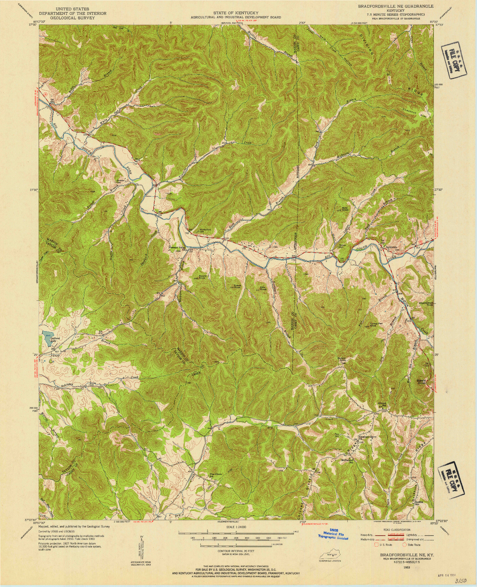 USGS 1:24000-SCALE QUADRANGLE FOR BRADFORDSVILLE NE, KY 1953