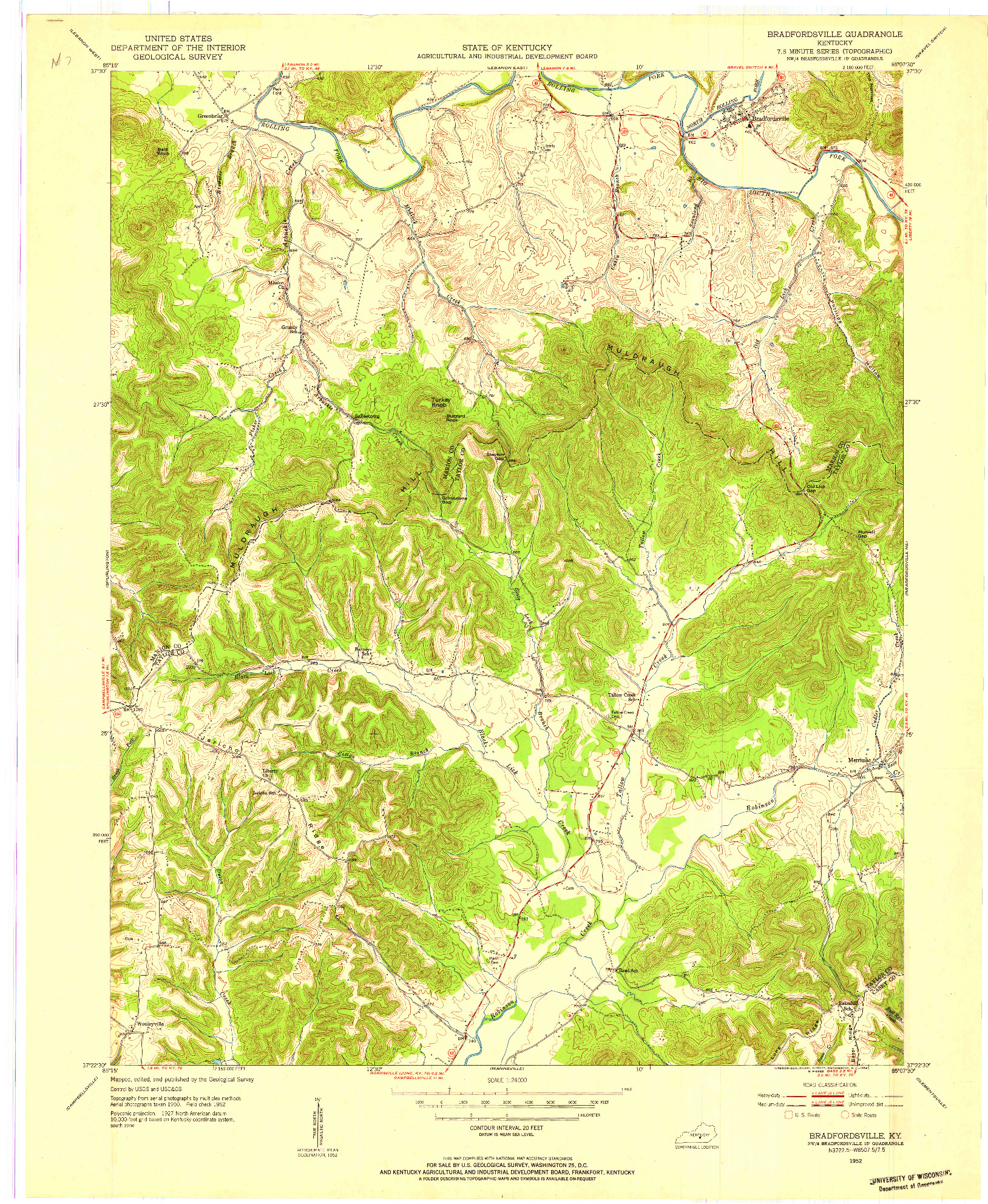USGS 1:24000-SCALE QUADRANGLE FOR BRADFORDSVILLE, KY 1952