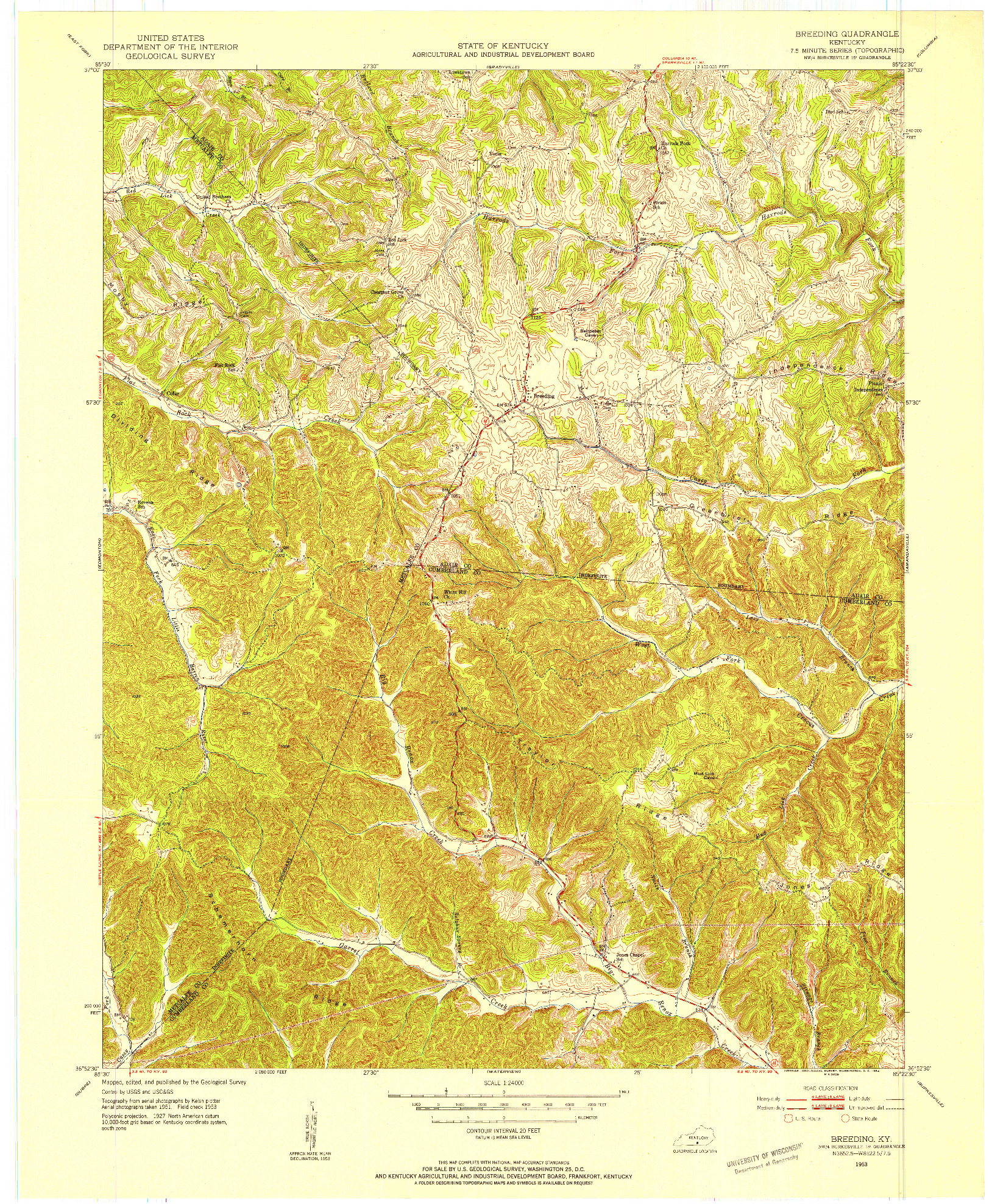 USGS 1:24000-SCALE QUADRANGLE FOR BREEDING, KY 1953