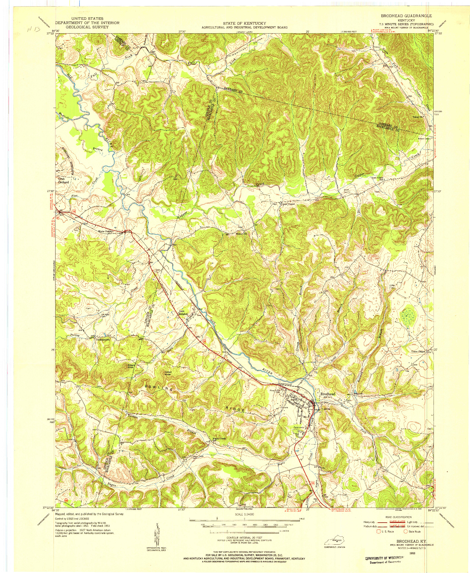 USGS 1:24000-SCALE QUADRANGLE FOR BRODHEAD, KY 1953