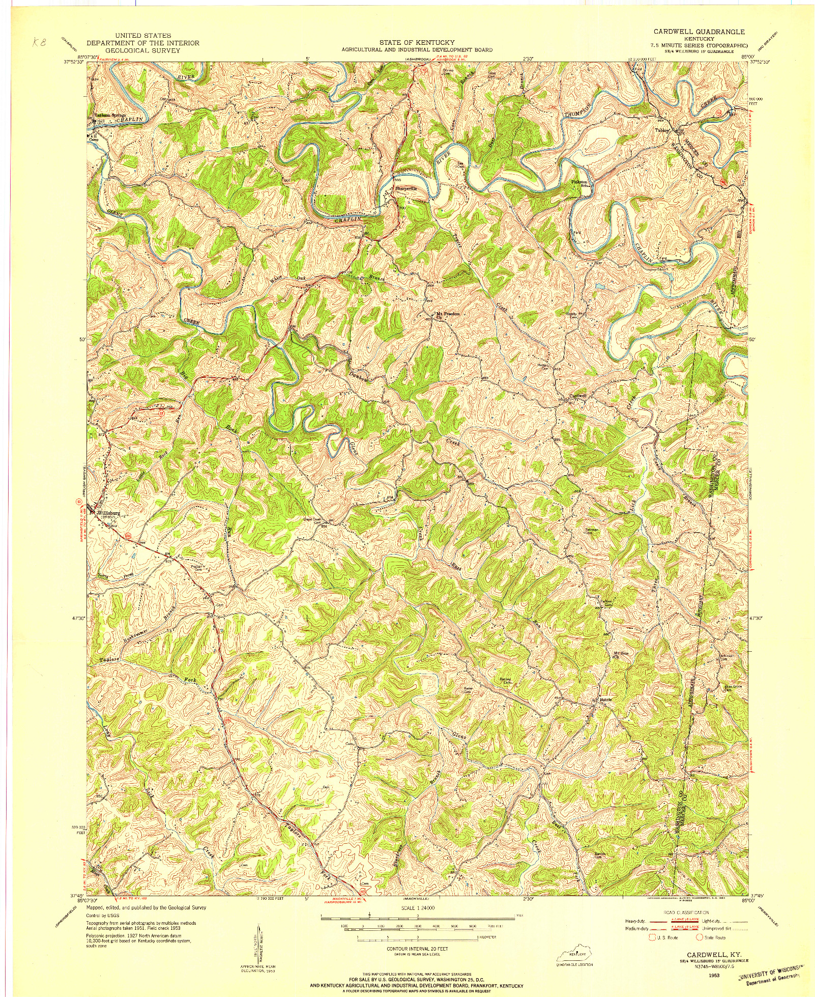 USGS 1:24000-SCALE QUADRANGLE FOR CARDWELL, KY 1953