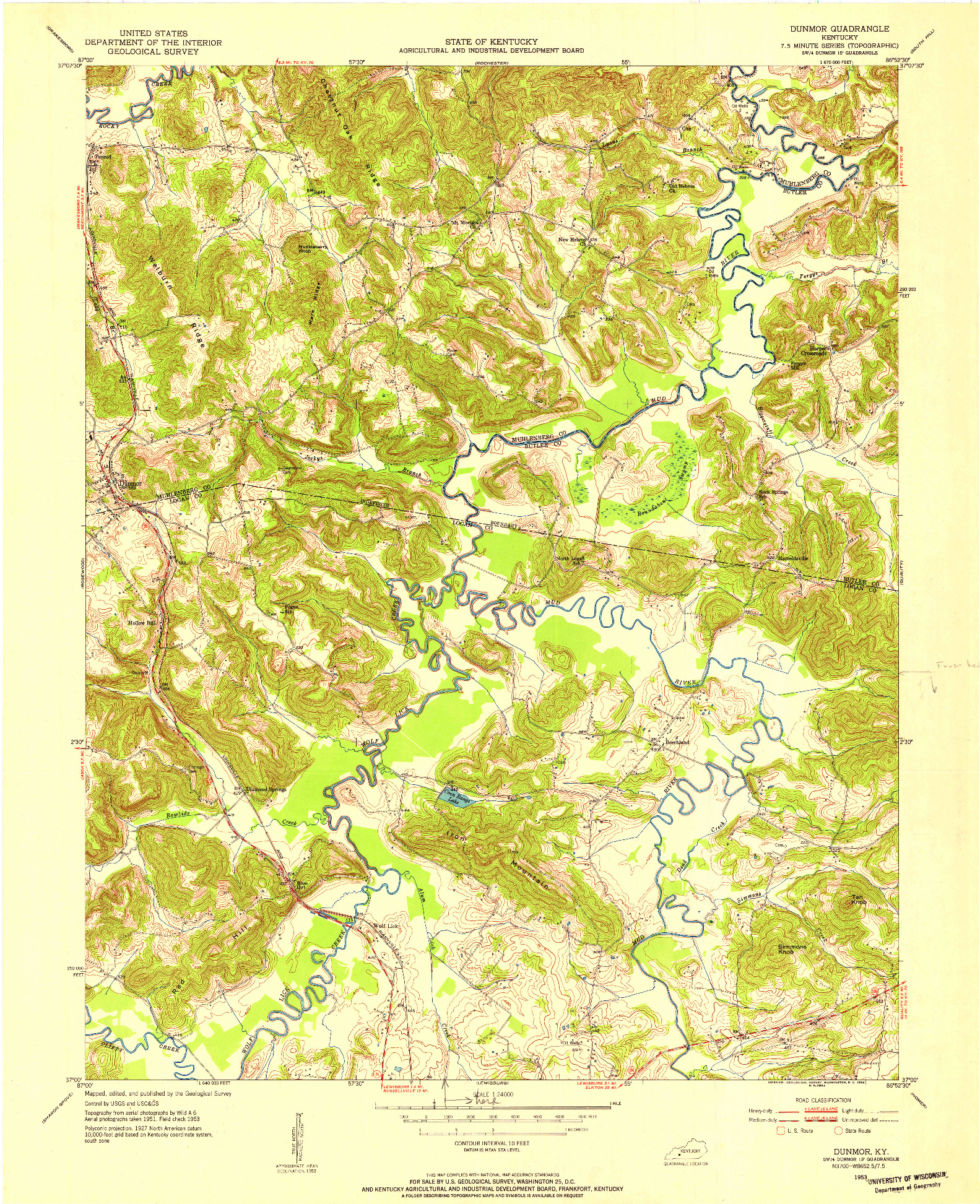 USGS 1:24000-SCALE QUADRANGLE FOR DUNMOR, KY 1953