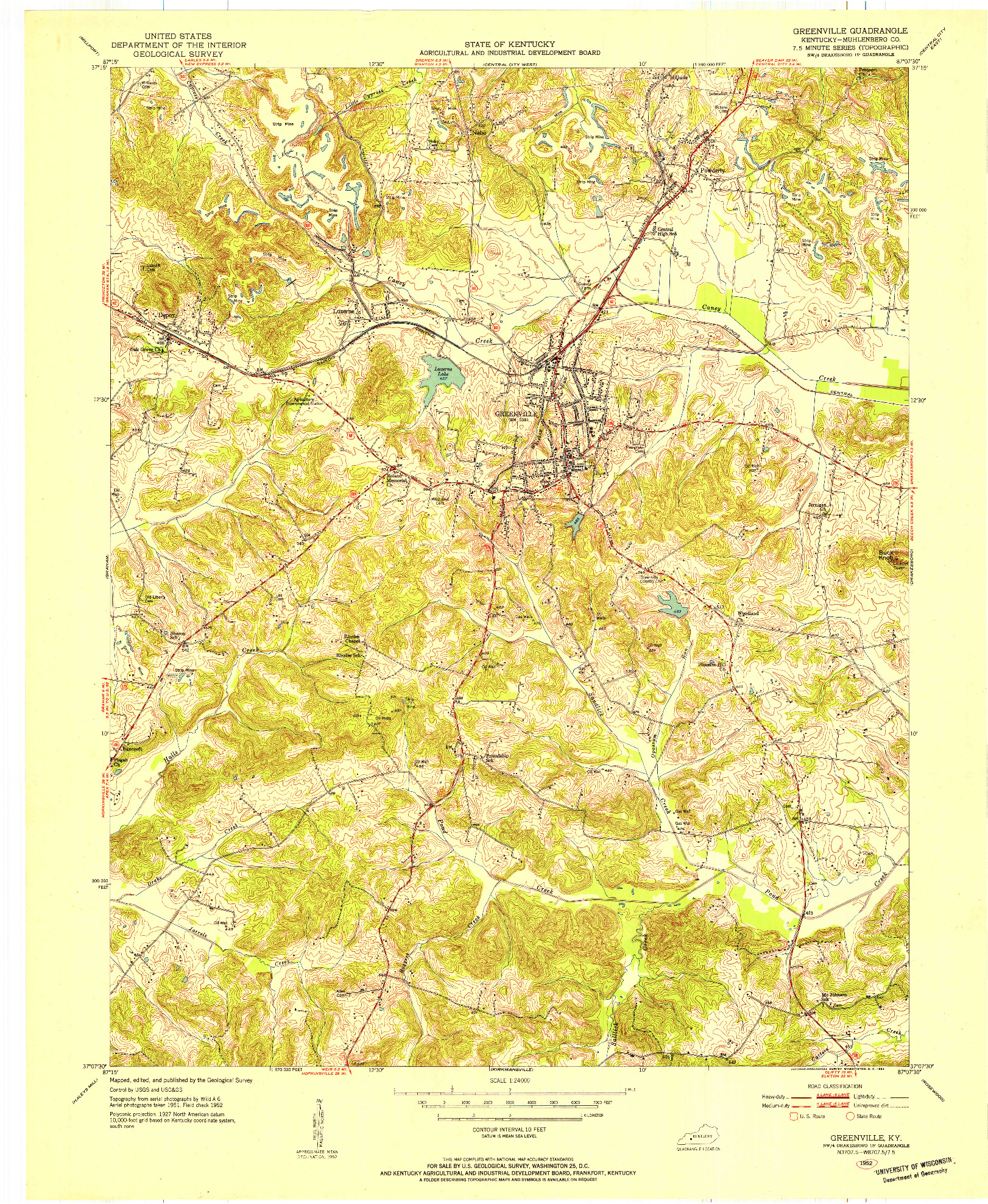 USGS 1:24000-SCALE QUADRANGLE FOR GREENVILLE, KY 1952
