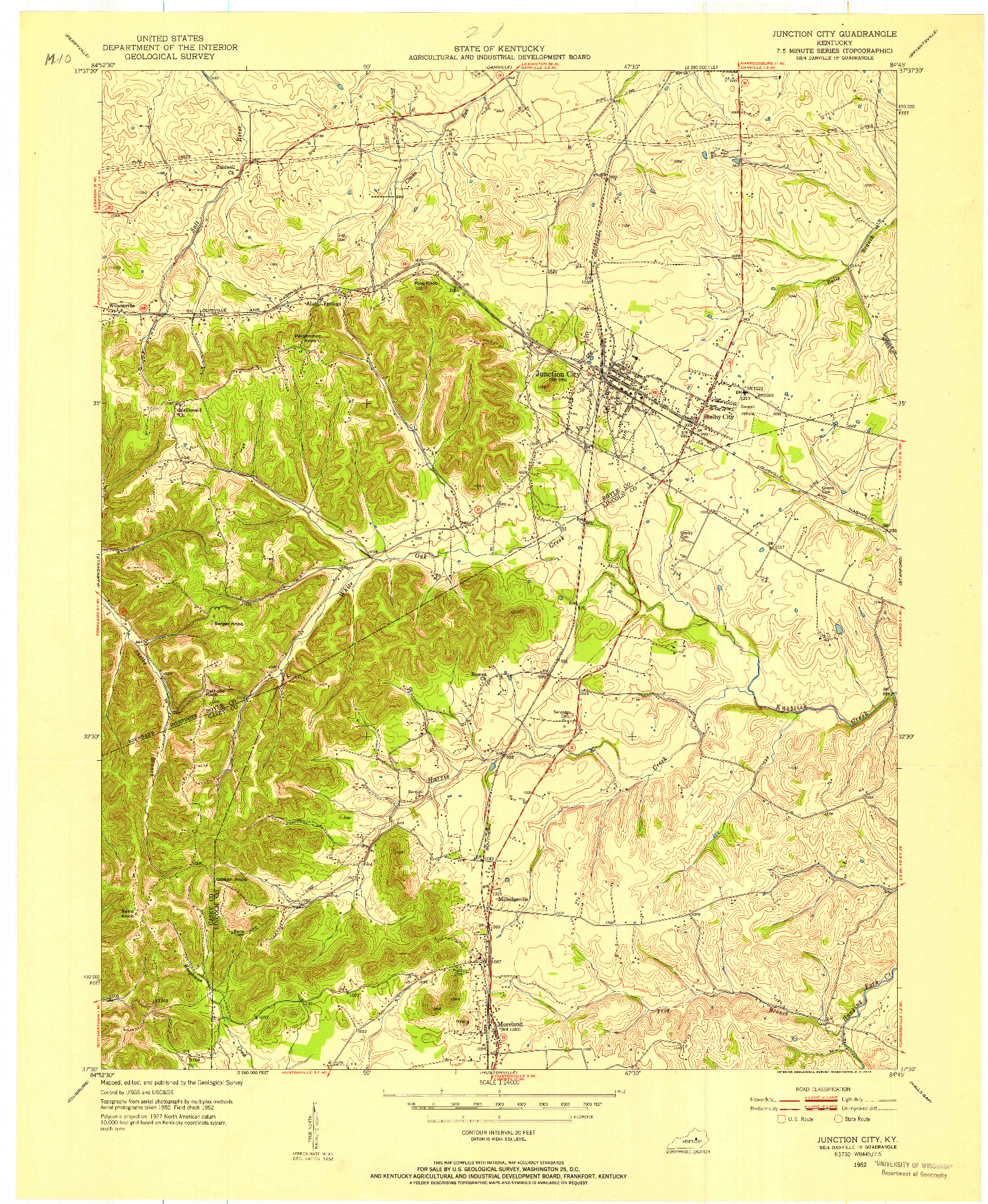 USGS 1:24000-SCALE QUADRANGLE FOR JUNCTION CITY, KY 1952