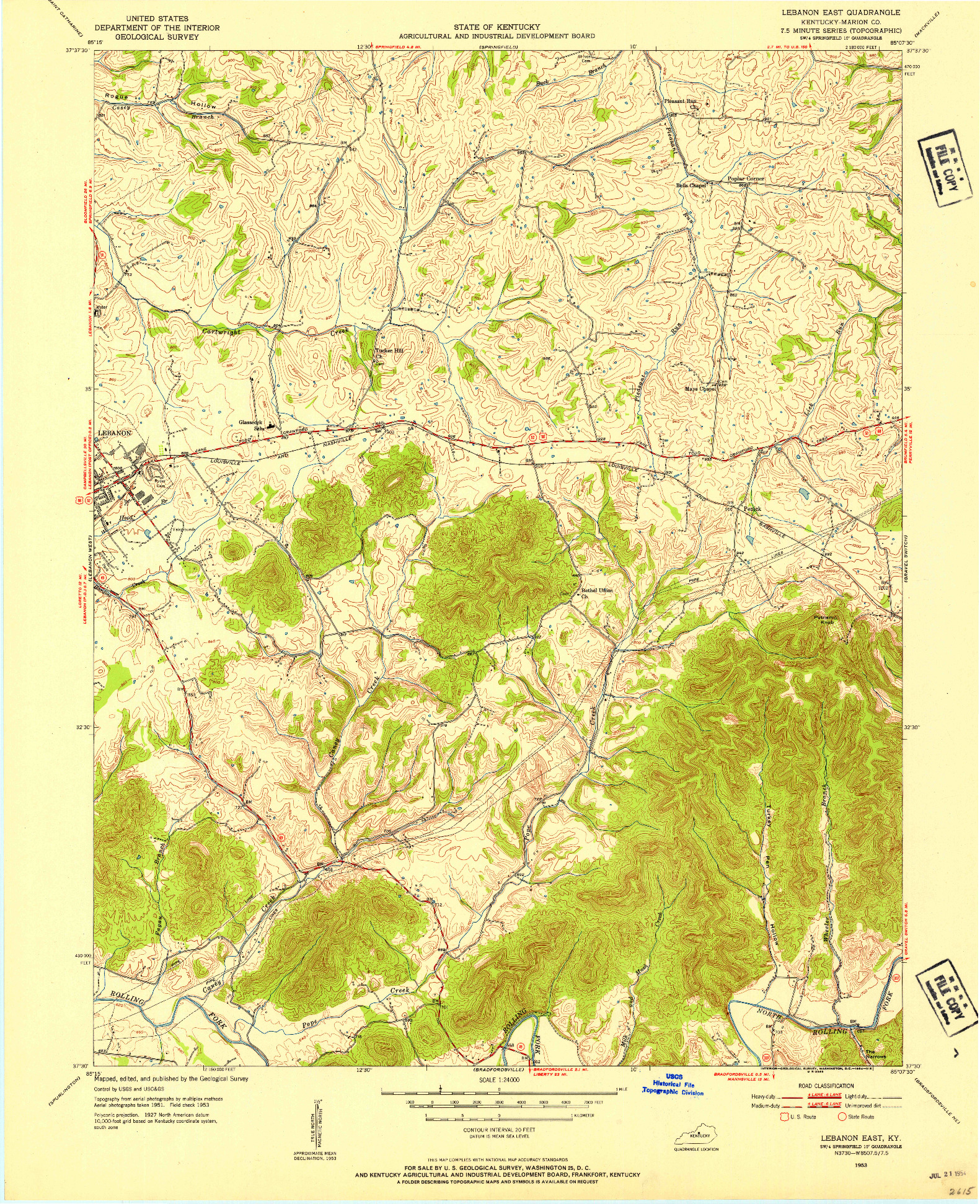 USGS 1:24000-SCALE QUADRANGLE FOR LEBANON EAST, KY 1953