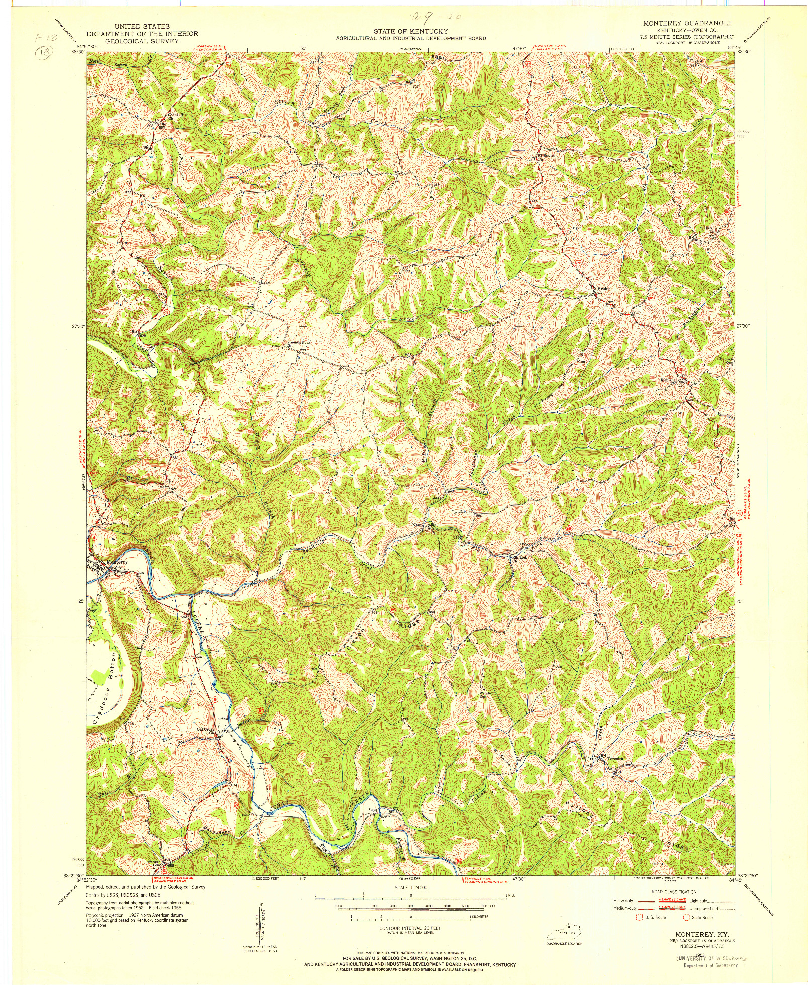 USGS 1:24000-SCALE QUADRANGLE FOR MONTEREY, KY 1953