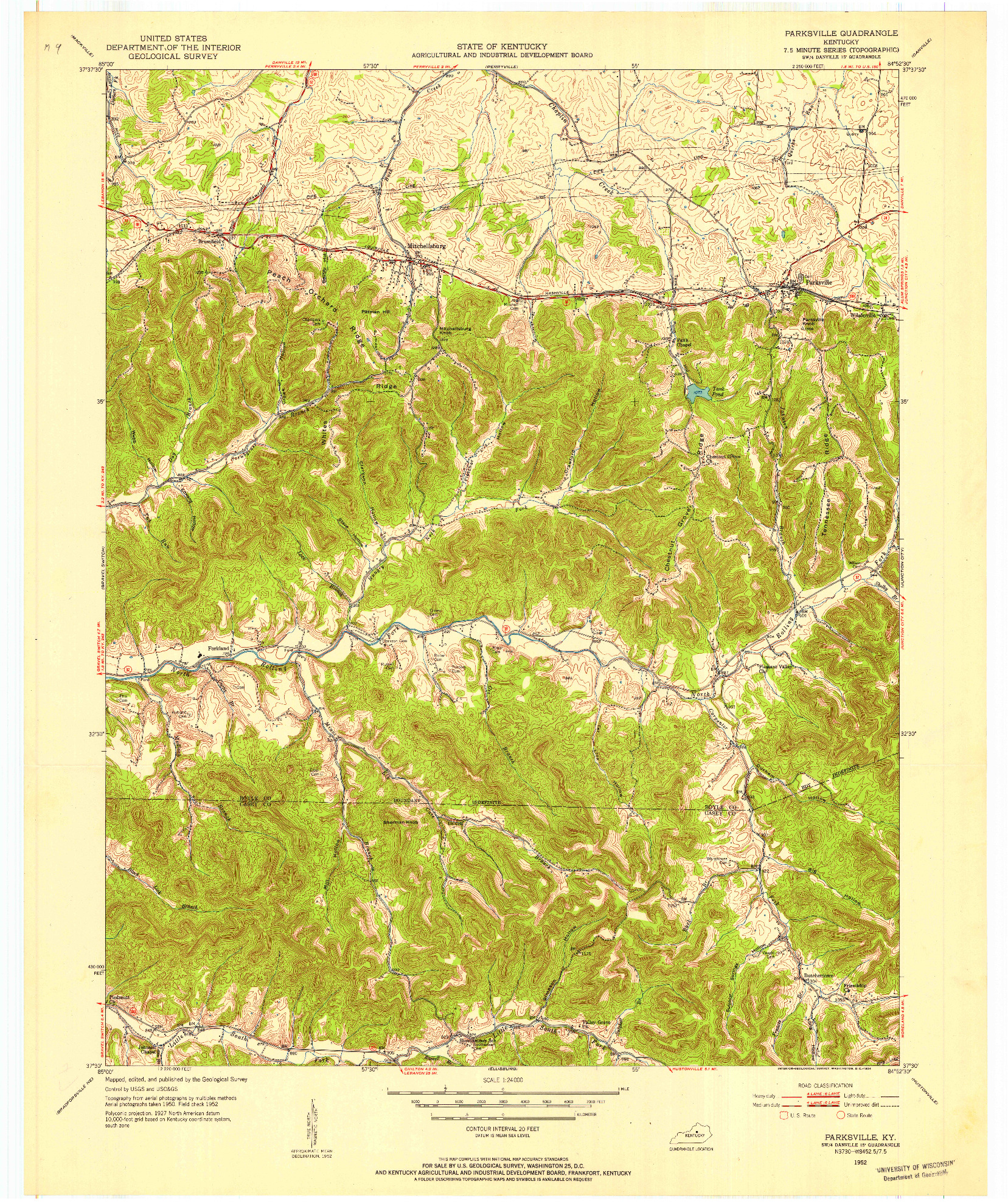 USGS 1:24000-SCALE QUADRANGLE FOR PARKSVILLE, KY 1952