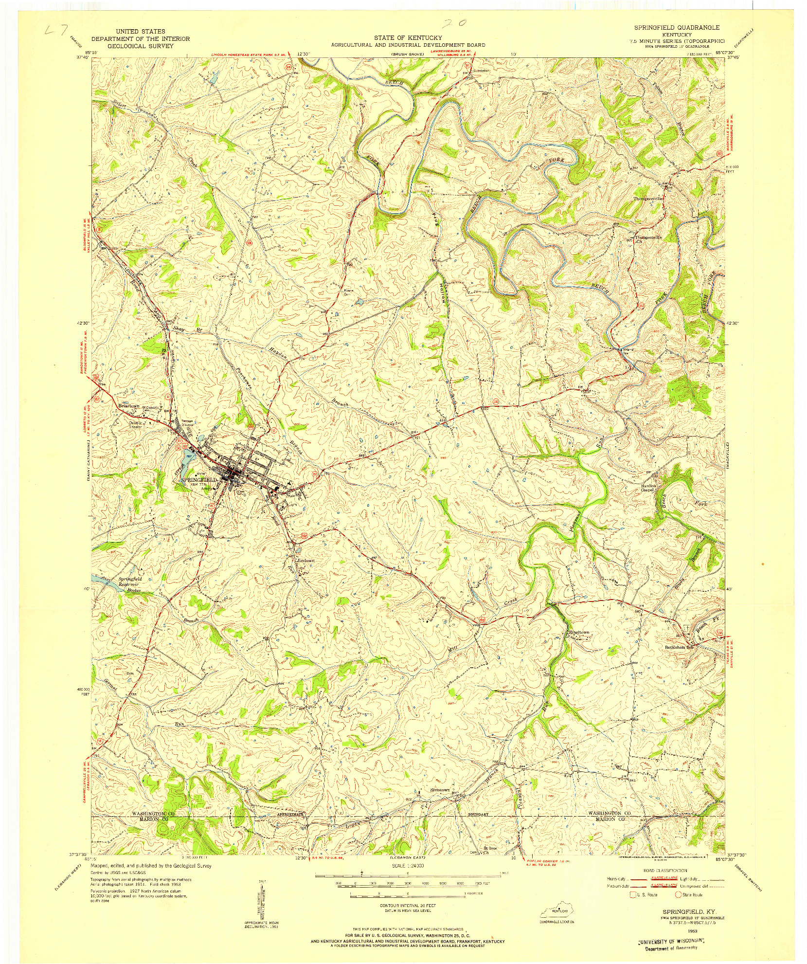 USGS 1:24000-SCALE QUADRANGLE FOR SPRINGFIELD, KY 1953