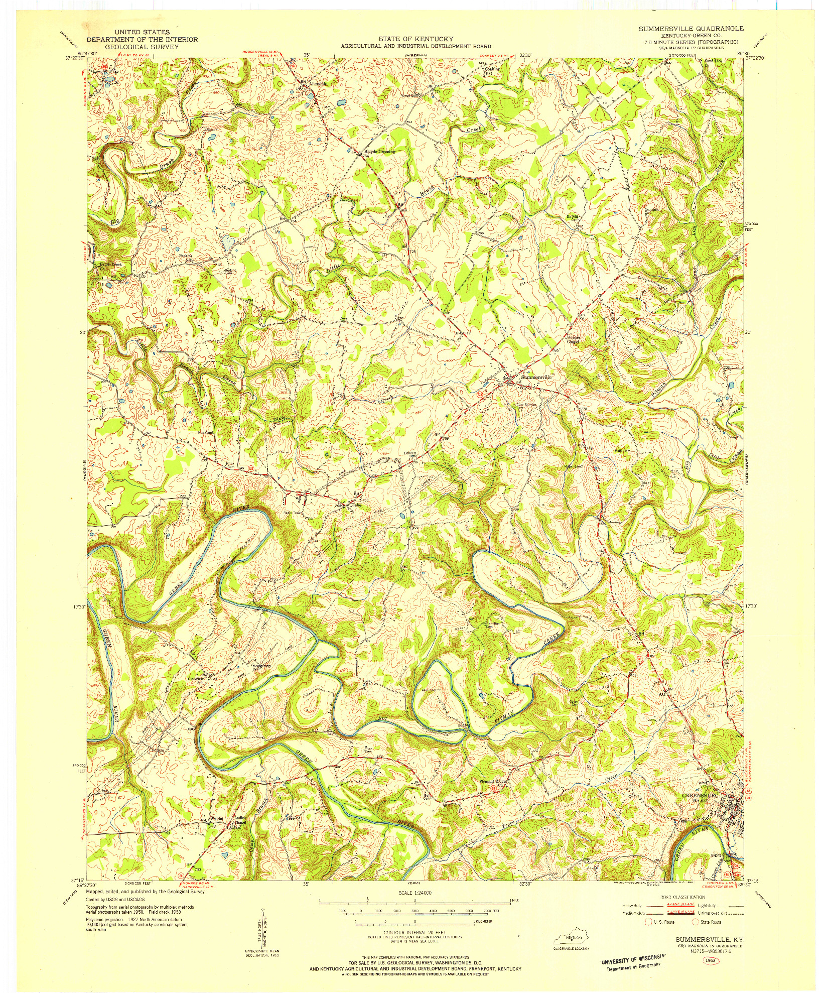 USGS 1:24000-SCALE QUADRANGLE FOR SUMMERSVILLE, KY 1953