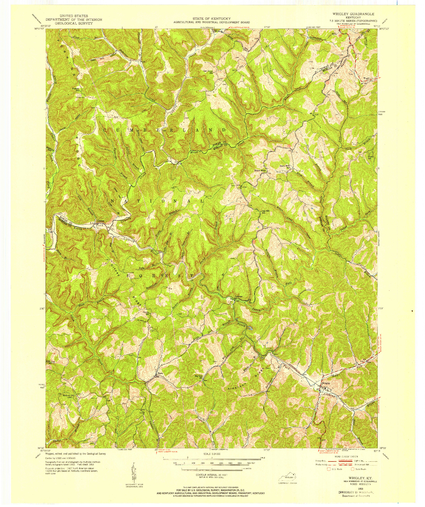 USGS 1:24000-SCALE QUADRANGLE FOR WRIGLEY, KY 1953