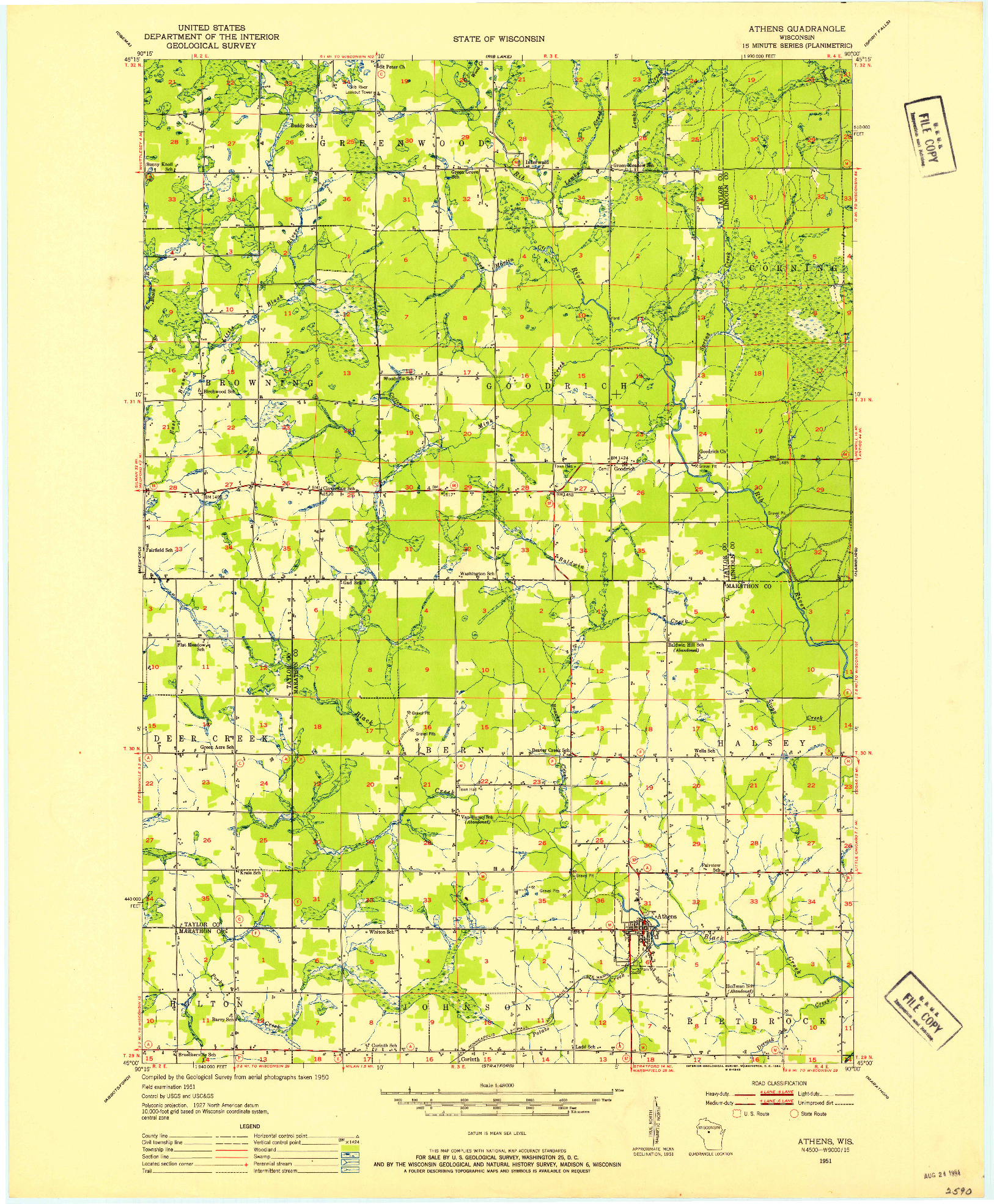USGS 1:48000-SCALE QUADRANGLE FOR ATHENS, WI 1951