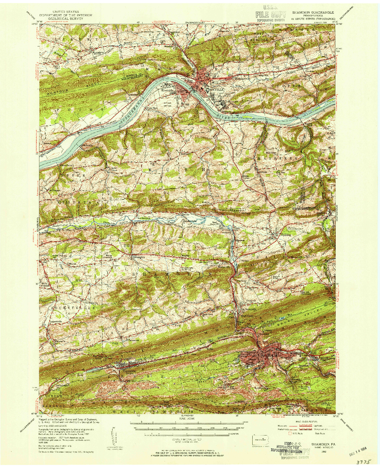 USGS 1:62500-SCALE QUADRANGLE FOR SHAMOKIN, PA 1952