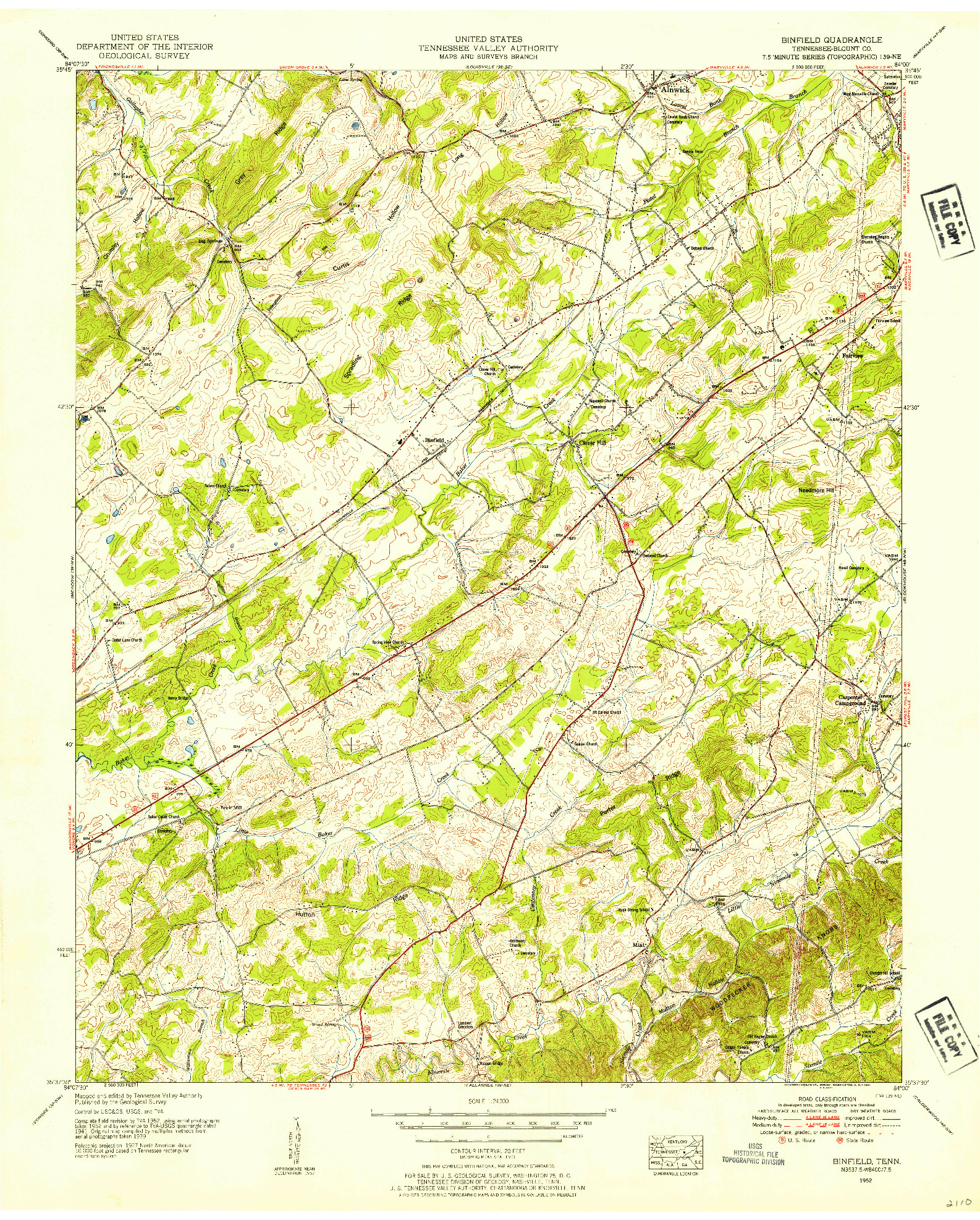 USGS 1:24000-SCALE QUADRANGLE FOR BINFIELD, TN 1952