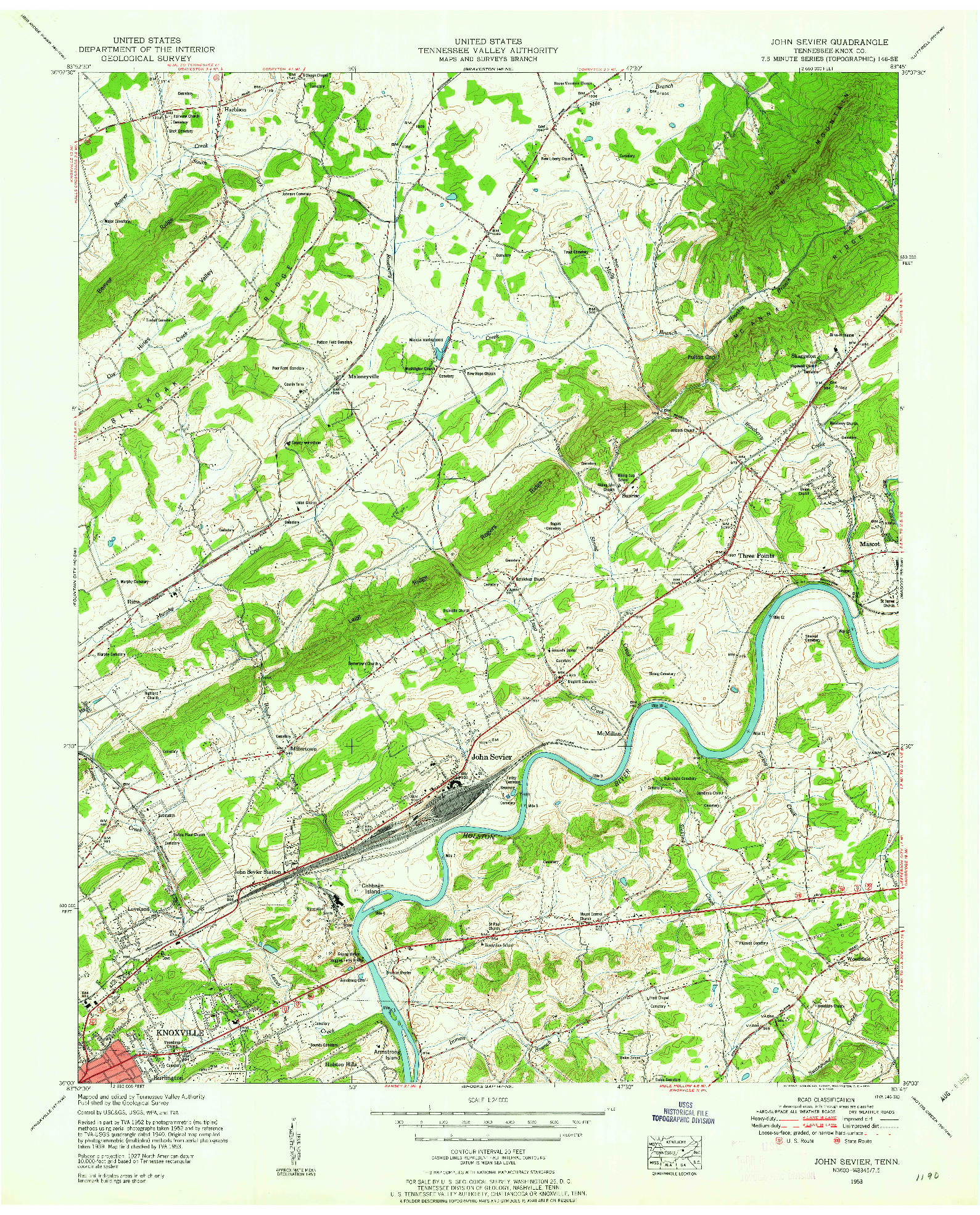 USGS 1:24000-SCALE QUADRANGLE FOR JOHN SEVIER, TN 1953