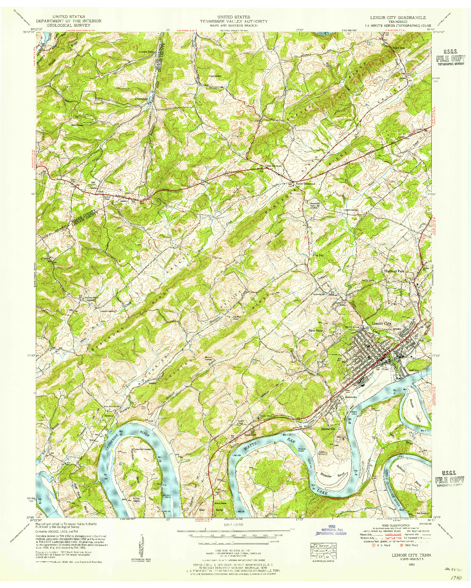 USGS 1:24000-SCALE QUADRANGLE FOR LENOIR CITY, TN 1953